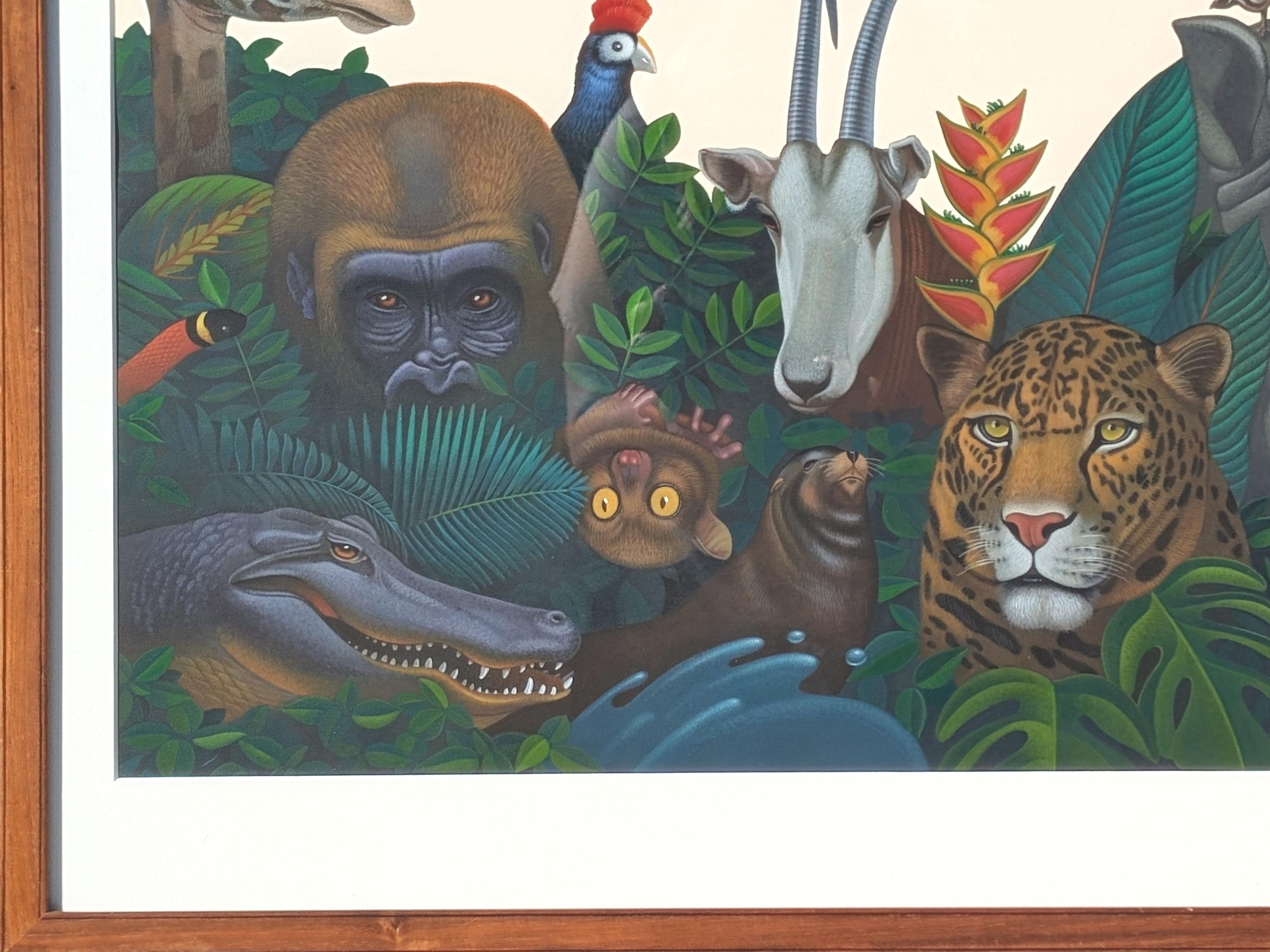 Hyperrealistische Malerei von Safari-Dschungeltieren im Laub für Zooball 1994 (Grau), Landscape Painting, von Andy Dearwater