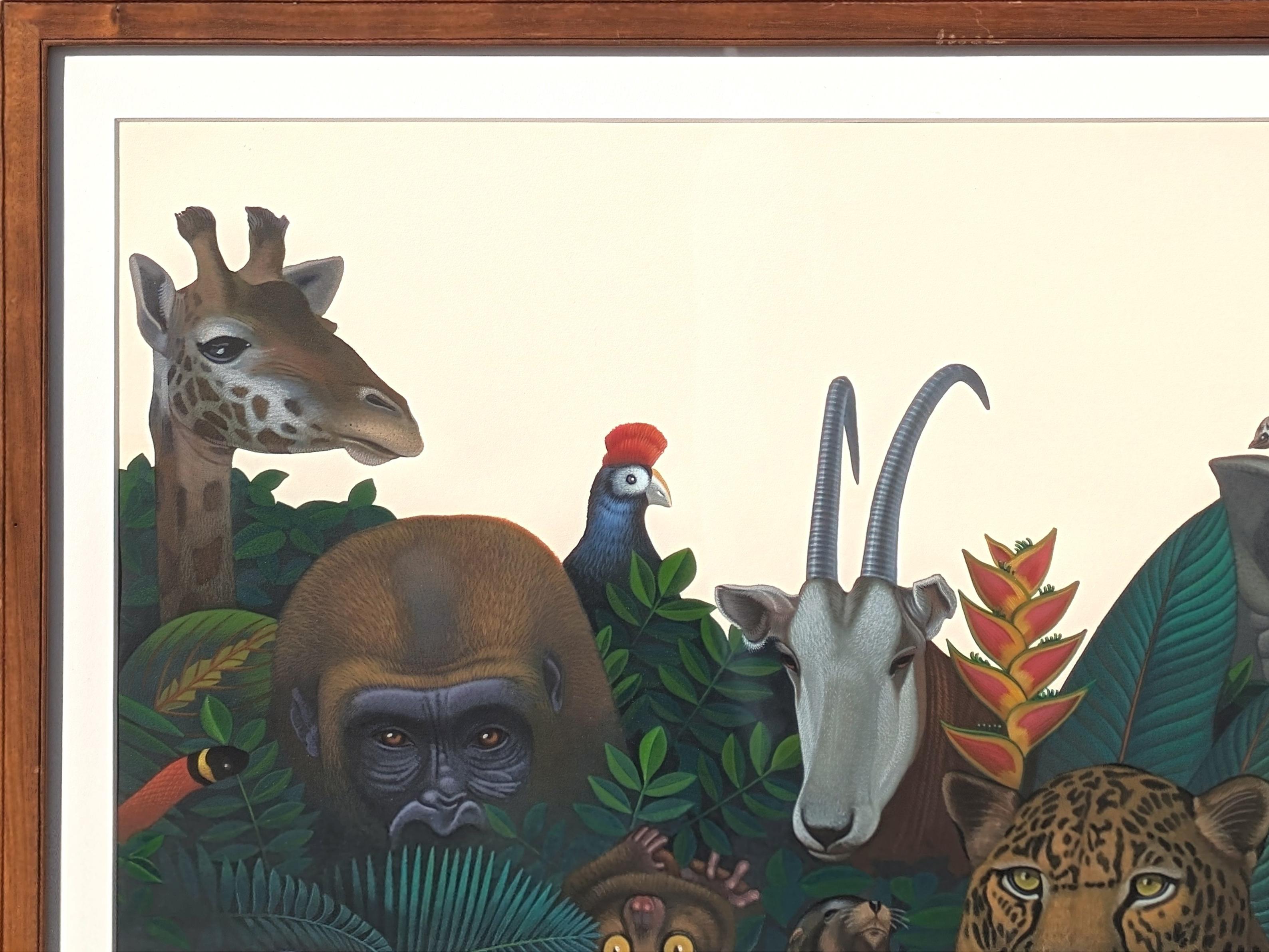 Hyperrealistische Malerei von Dschungeltieren des in Houston lebenden Künstlers Andy Dearwater. Das Werk zeigt eine Menagerie von Tieren, darunter ein Zebra, einen Gorilla, eine Giraffe, einen Jaguar, ein Nashorn und andere, die für den Zooball 1994