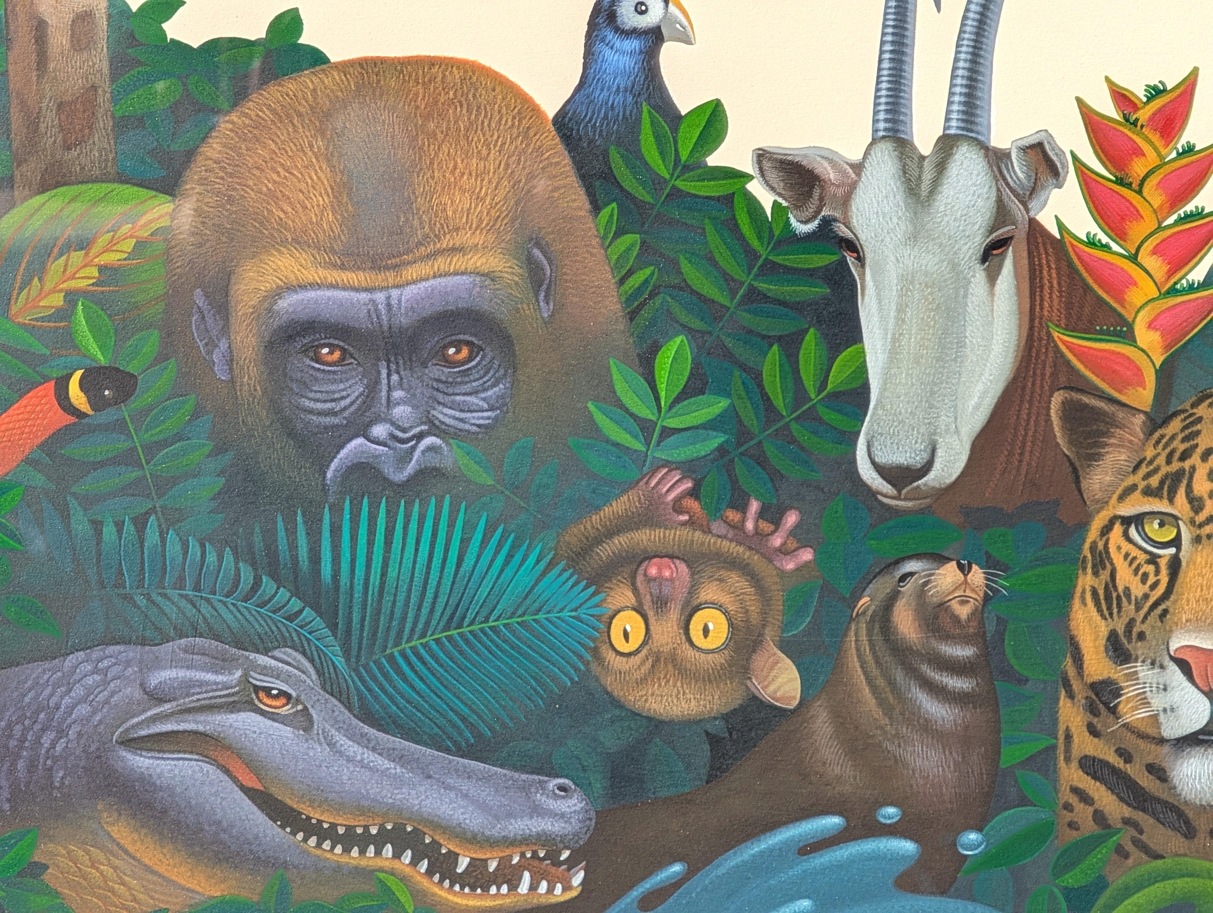 Hyperrealistische Malerei von Safari-Dschungeltieren im Laub für Zooball 1994 im Angebot 3