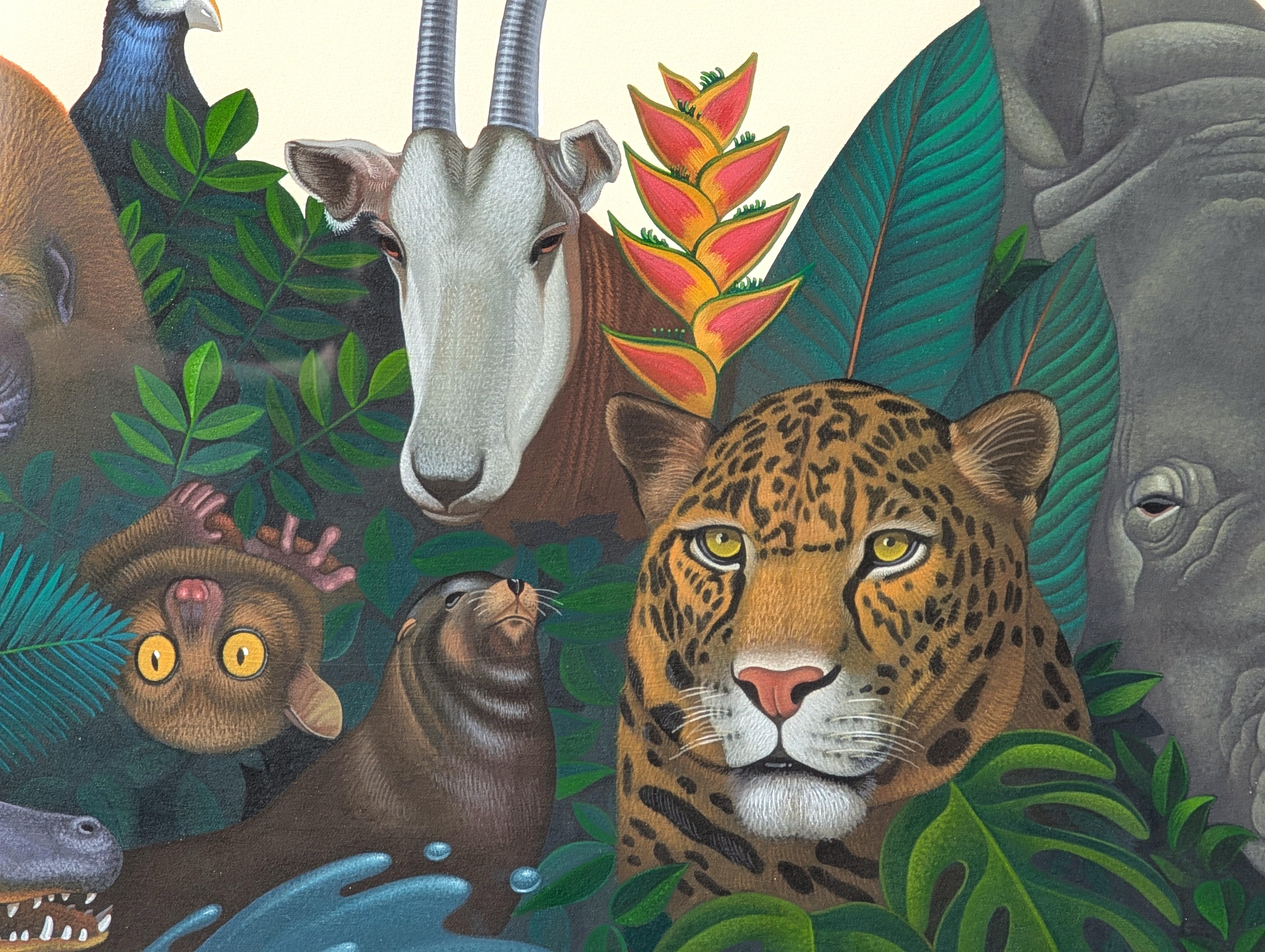 Hyperrealistische Malerei von Safari-Dschungeltieren im Laub für Zooball 1994 im Angebot 4