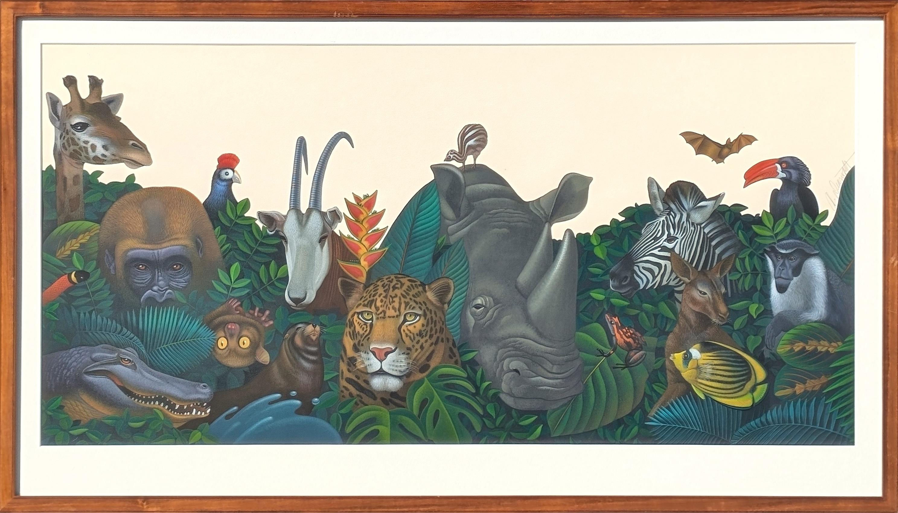 Andy Dearwater Landscape Painting – Hyperrealistische Malerei von Safari-Dschungeltieren im Laub für Zooball 1994