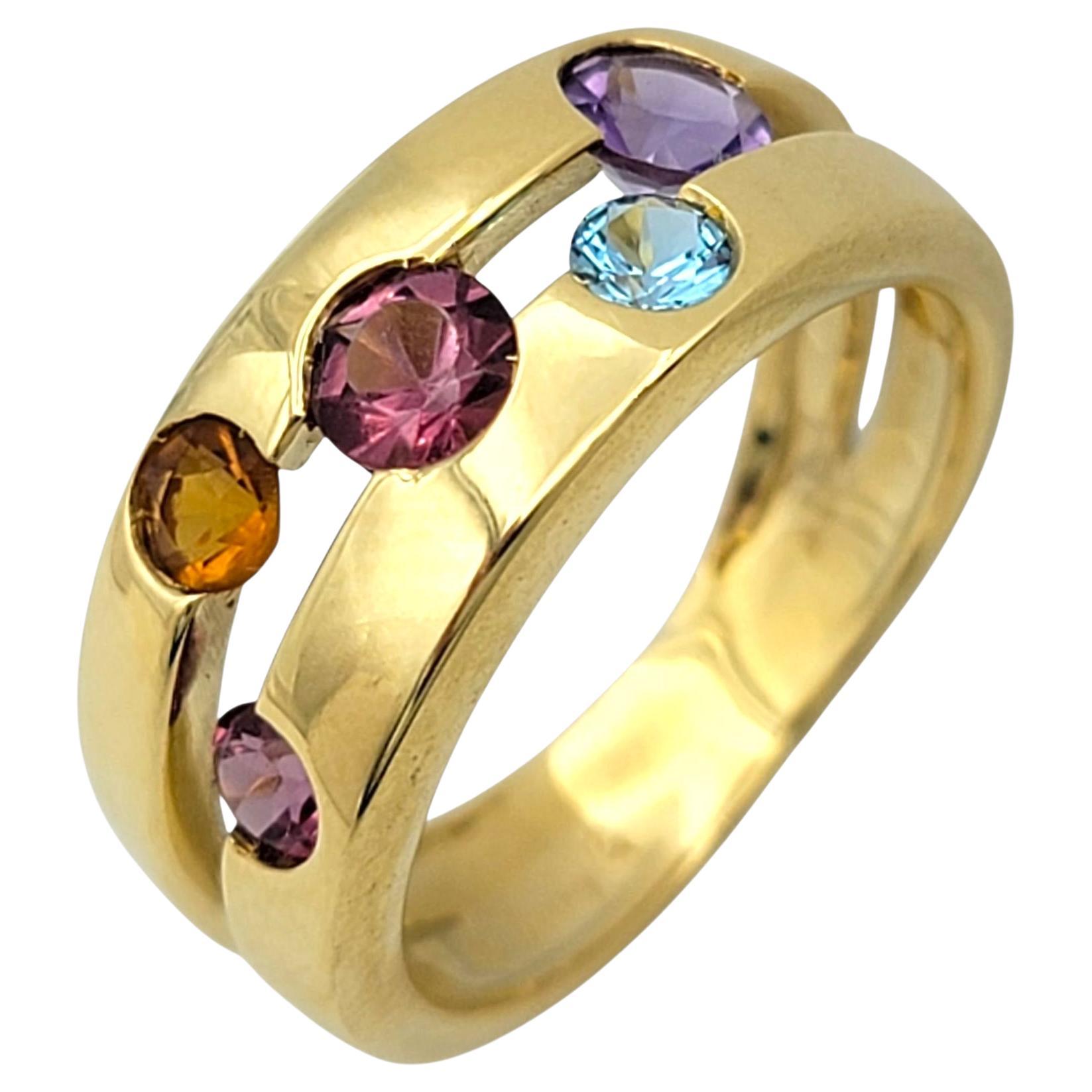 Andy G. Multi Gemstone Split Shank Band Ring en or jaune 18 carats