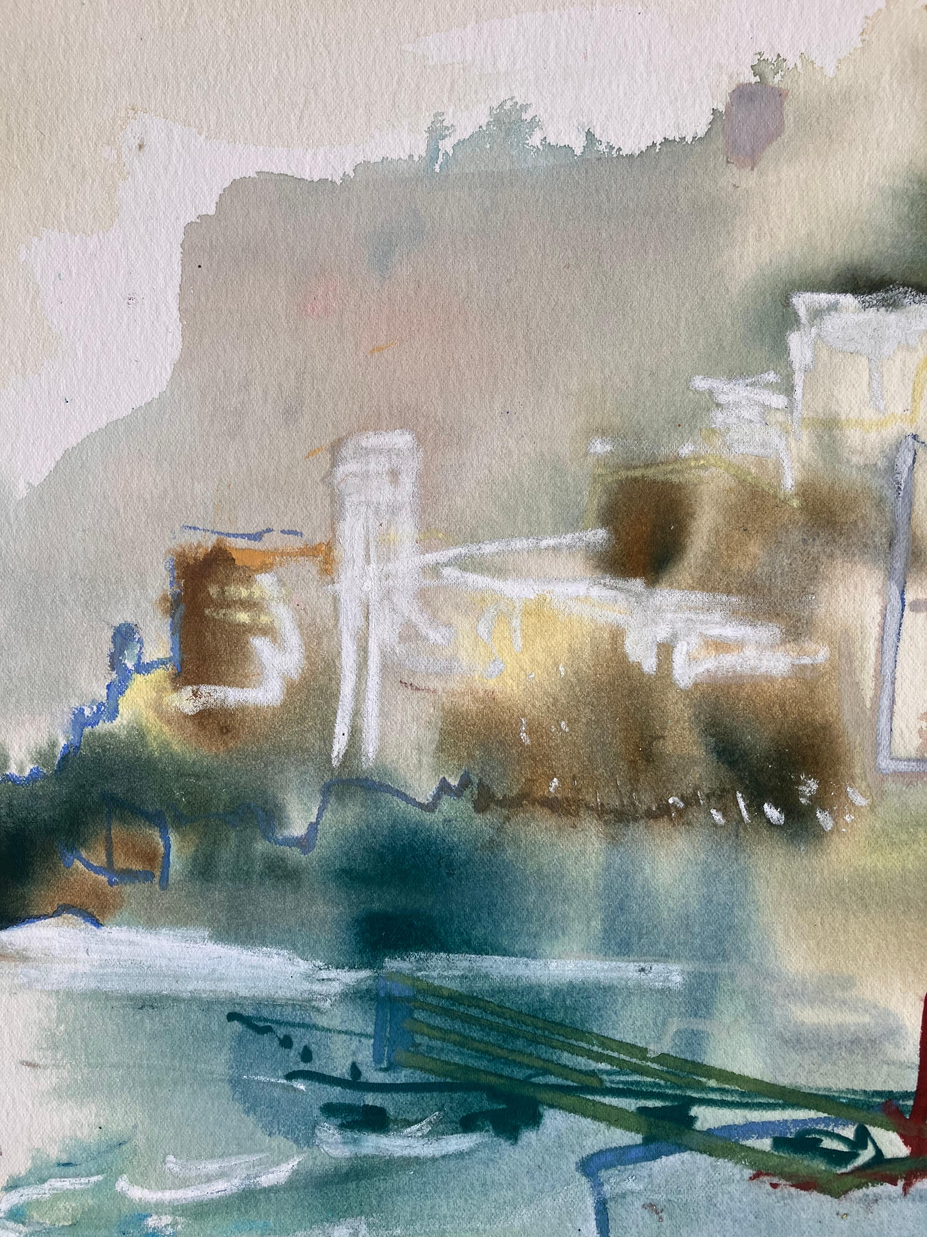 'Costiera Amalfitana, una vista verso Ravello', dipinto originale firmato del 2005 circa. - Landscape Art Grigio di Andy Gradwell