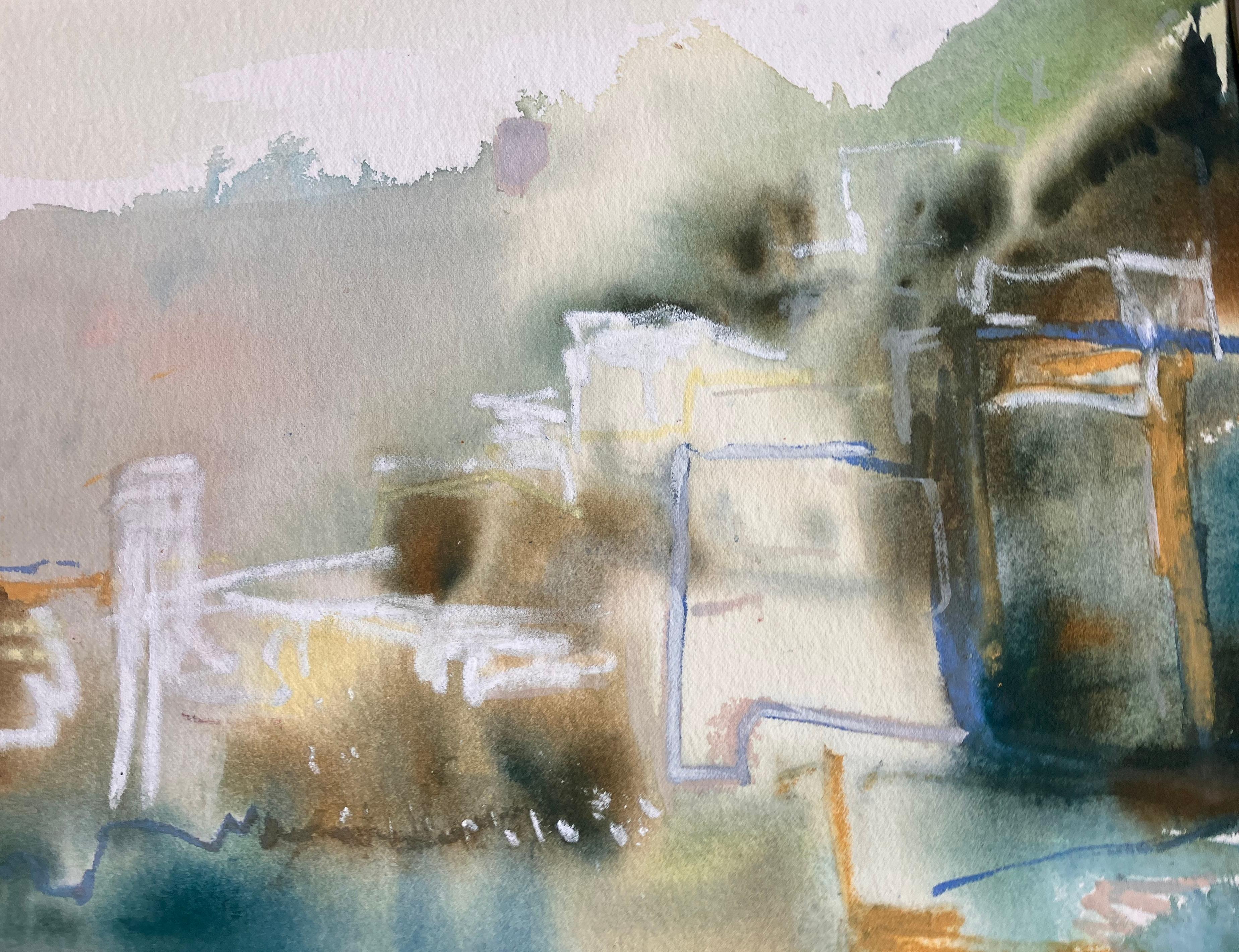Costiera Amalfitana, Italia.   Una vista verso l'eterea città costiera di Ravello, arroccata sulla cima della sua scogliera. 
Una vista mattutina dal villaggio vicino.
tecnica mista su carta 35cmx52cm
Cornice smaltata 53 cm x 73 cm
Opera originale
