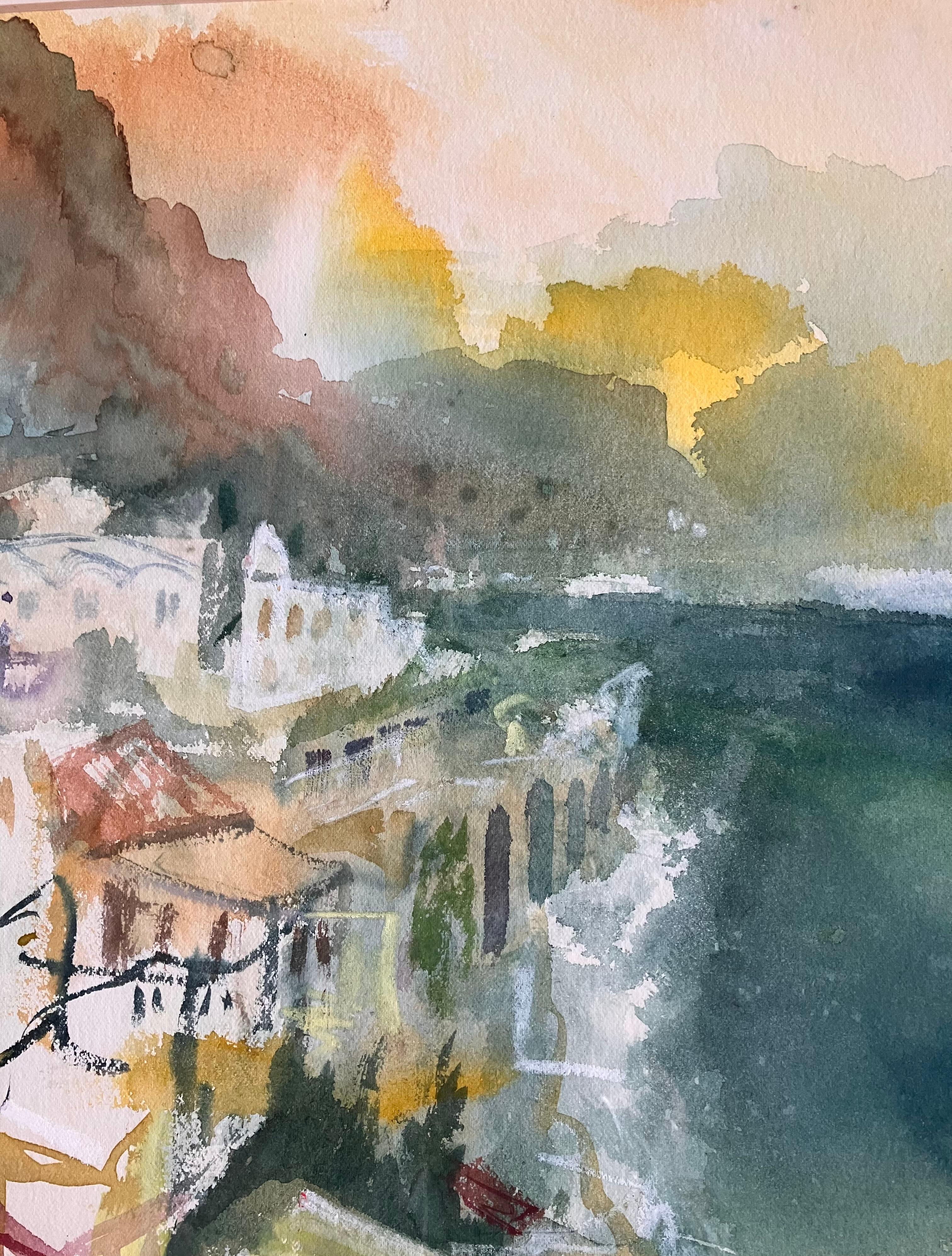 „Amalfiküste, Abendlicht in Richtung Ravello“, signiertes Originalgemälde um 2005 (Beige), Landscape Painting, von Andy Gradwell