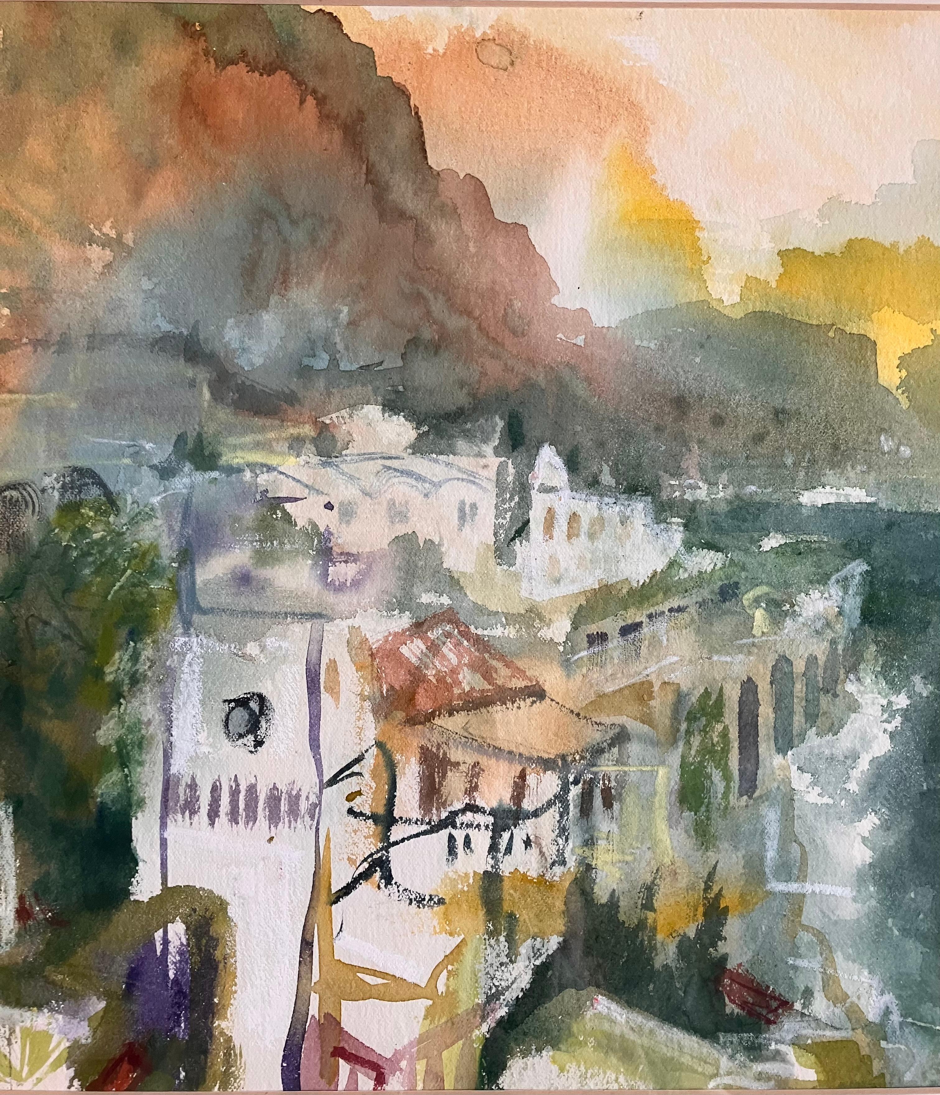 Ein original signiertes Gemälde von Andy Gradwell (geb. 1968)
Amalfi-Küste, Abendlicht in Richtung Ravello'.  um 2005
Mischtechnik auf Papier 37cmx44cm
Verglaster und montierter Rahmen 53cmx63cm
Gemalt vor Ort / plein aire in einem