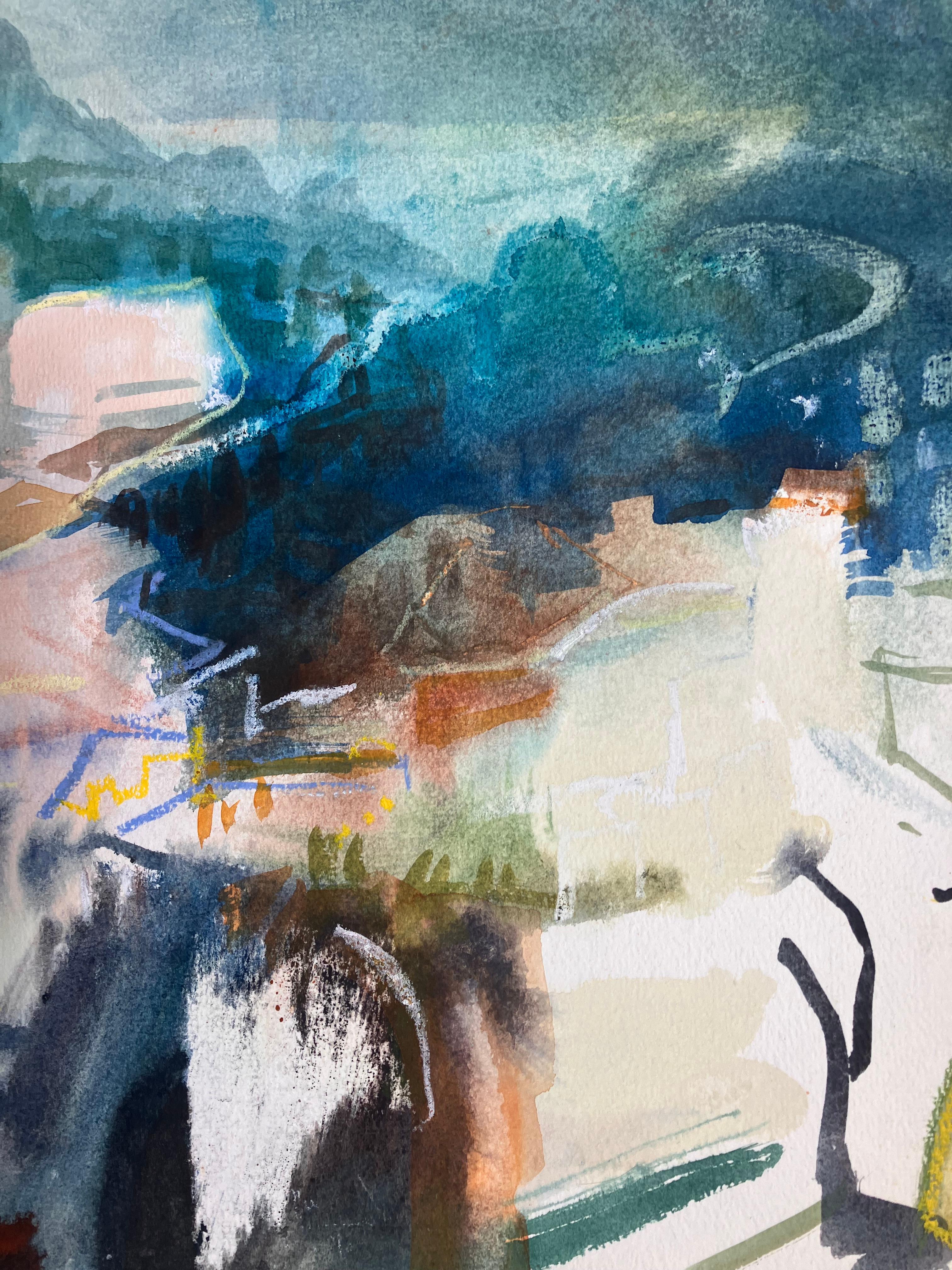 Amalfi, Italie  Tableau original signé « View of the Bay », circa 2005. - Gris Landscape Painting par Andy Gradwell