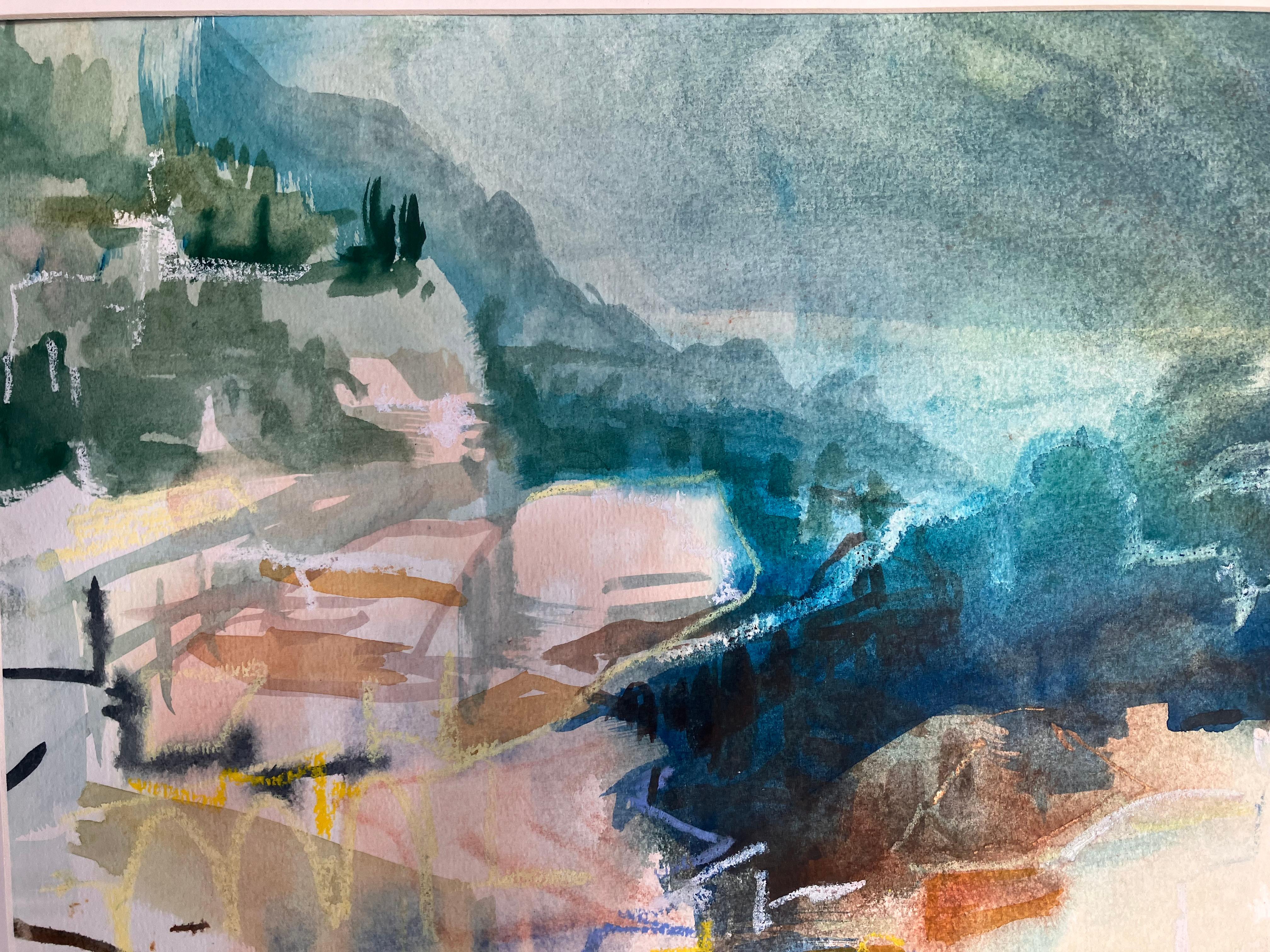 Amalfi,  view of the bay' circa 2005 peinture originale signée par Andy Gradwel b.1968.
Technique mixte sur papier (taille actuelle du site) 27cm x 36cm 
cadre vitré et monté47cm x 56cm
Étude de la lumière du soir à partir d'un point de vue élevé.