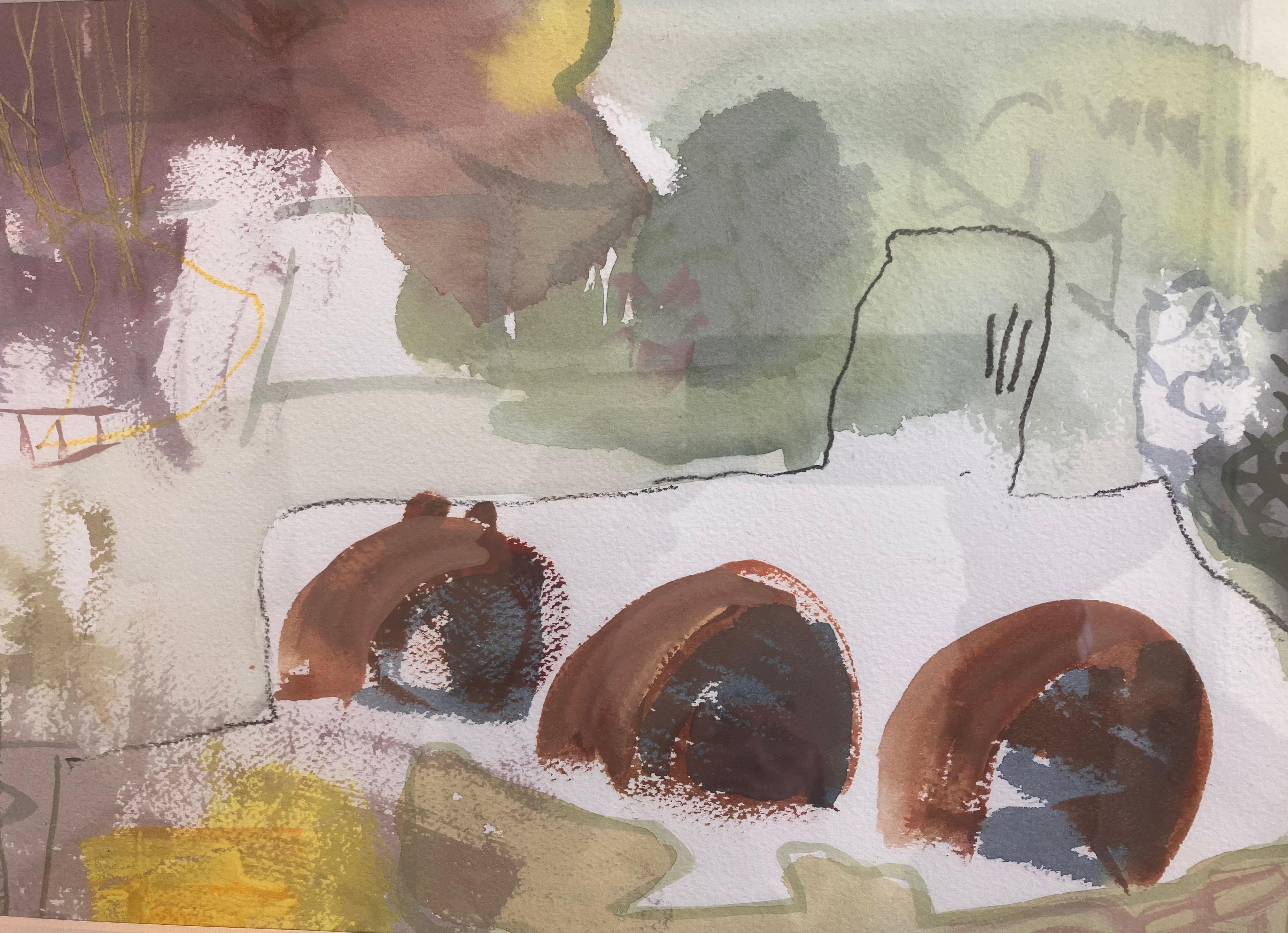 Original signed painting by Andy  Gradwell. circa 2017.
Avon walk no 23 .
mixed media on paper  23x 45 
Glazed antique giltwood frame with a distressed finish:   36 x 58 cm
A stretch of the river around the town of Bradford on Avon..
'Its an