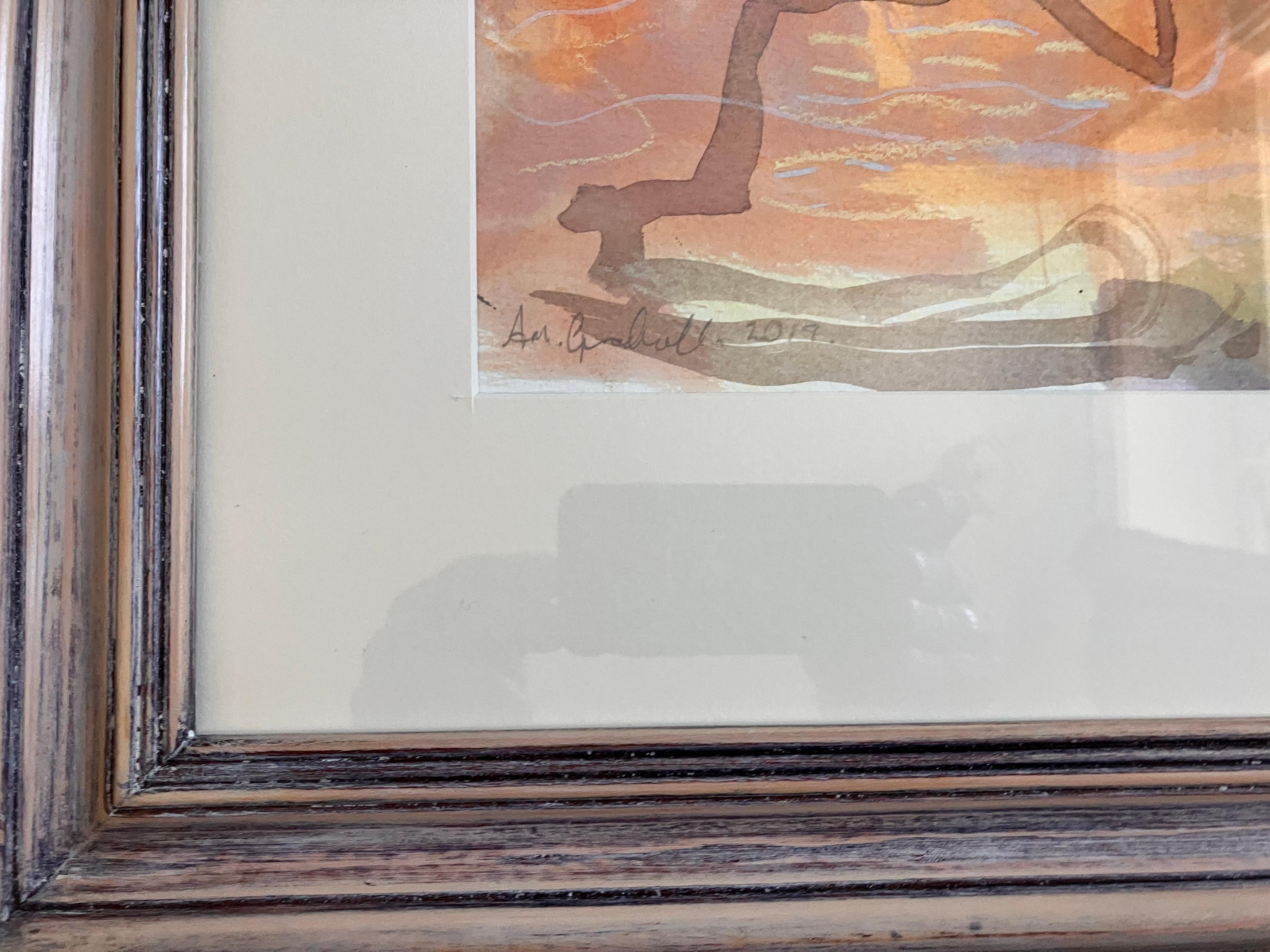 'Avon Walk, no 32' , signed original mixed media painting circa 2019, 
mixed media on paper 27cm x 42cm
Lime waxed glazed frame :49cm x62cm.
A river study painted plien air in evening light . Schematic and a sense of capturing the experience beyond