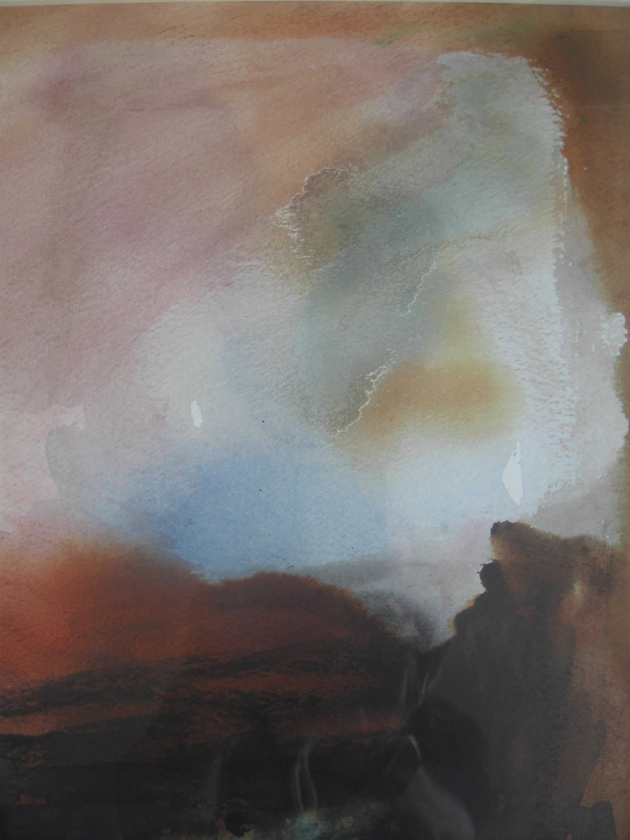'Evening Light , Cumbria', mixed media on paper circa 2010. Signed. - Gray Landscape Painting by Andy Gradwell