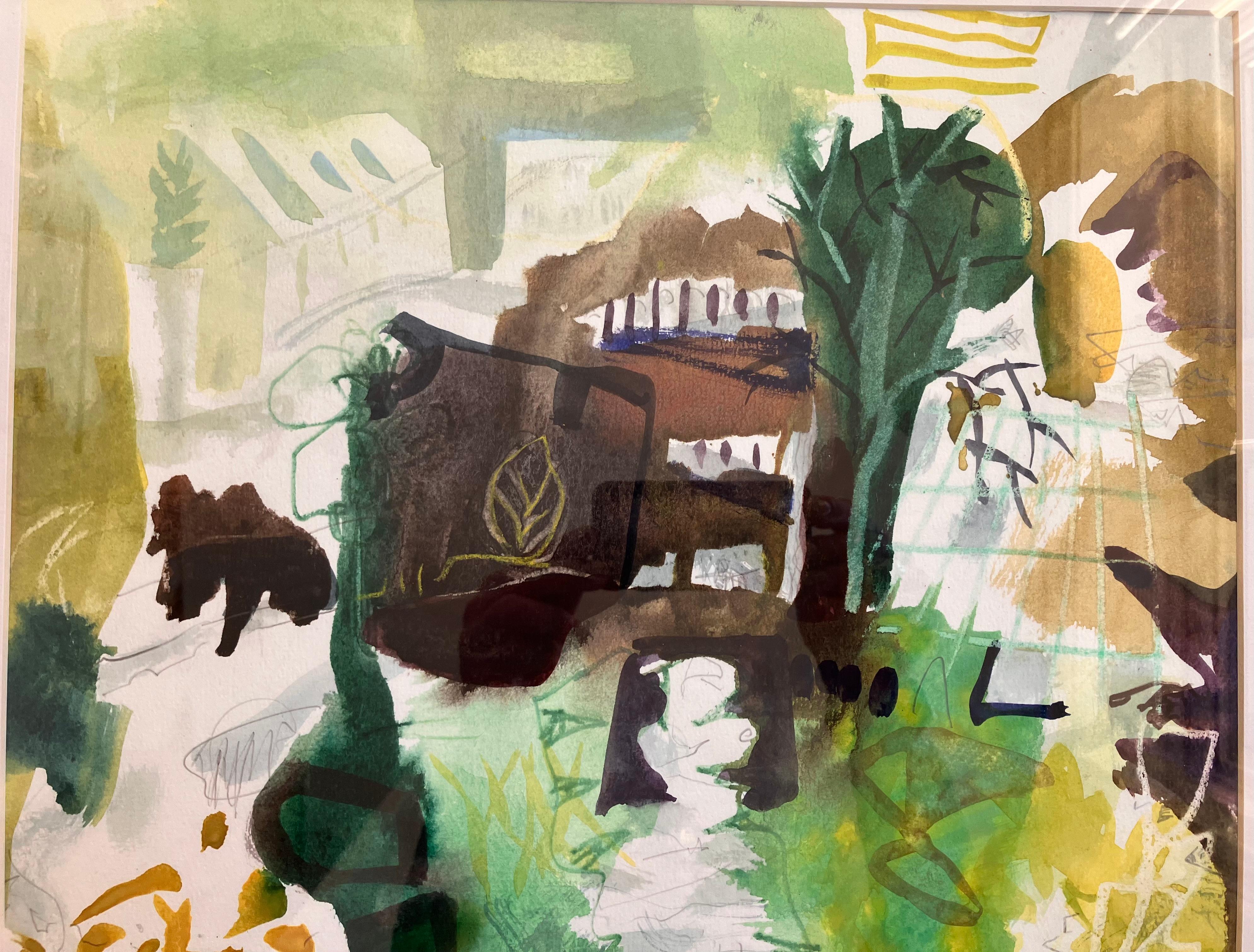 Norcia, Umbria  pittura originale a tecnica mista firmata c 2005 - Abstract Painting Beige di Andy Gradwell