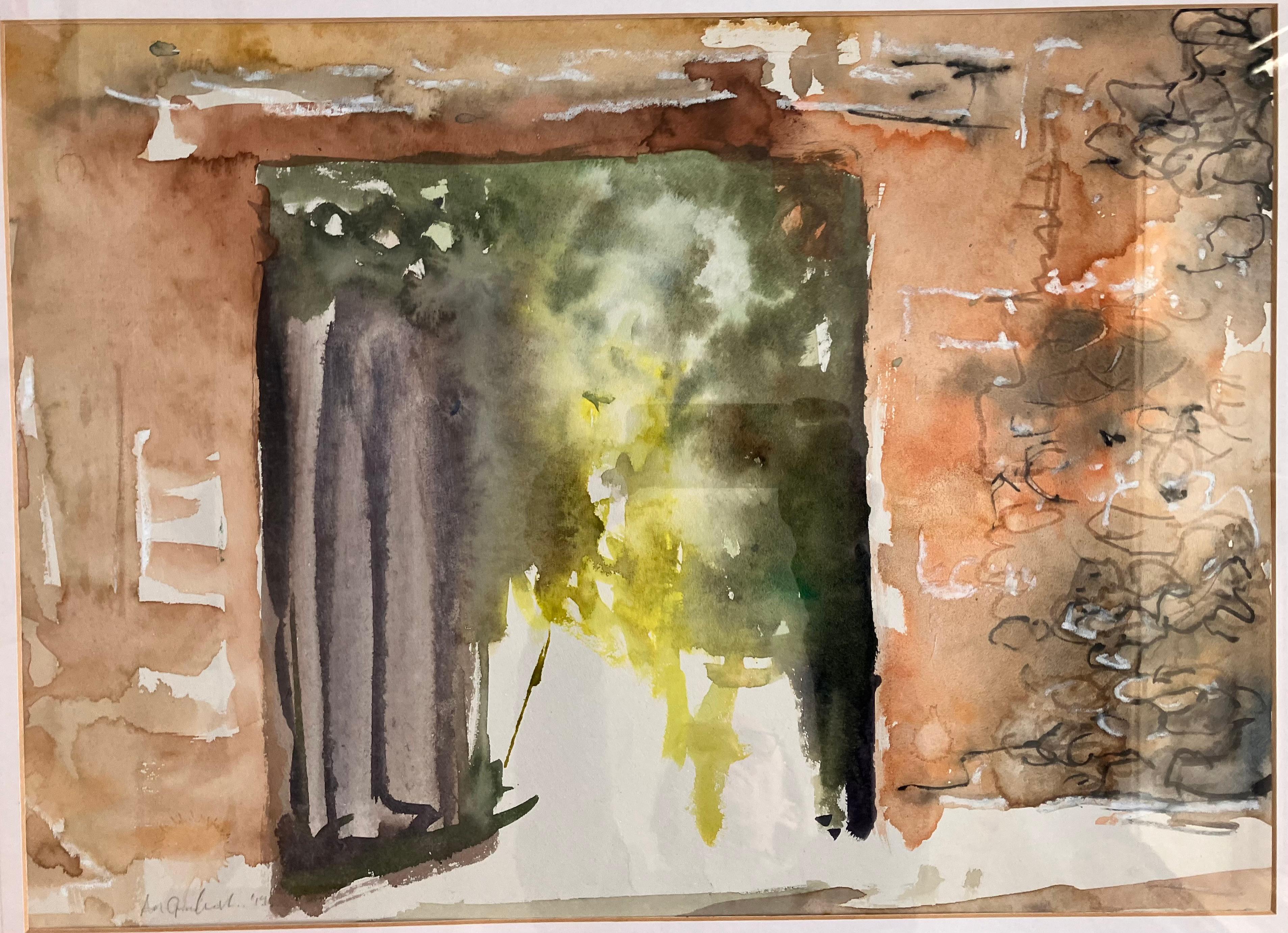 Teil von Gradwells umfangreicher Malereireise. 
 Pompeji und seine Umgebung 
Glasierter Rahmen nach Maß 60 x 75 cm
Original-Mischtechnik auf Papier 37cm x52 
Ein Eingang zum schönsten öffentlichen Raum jenseits der privaten Gärten. Gemalt vor Ort in