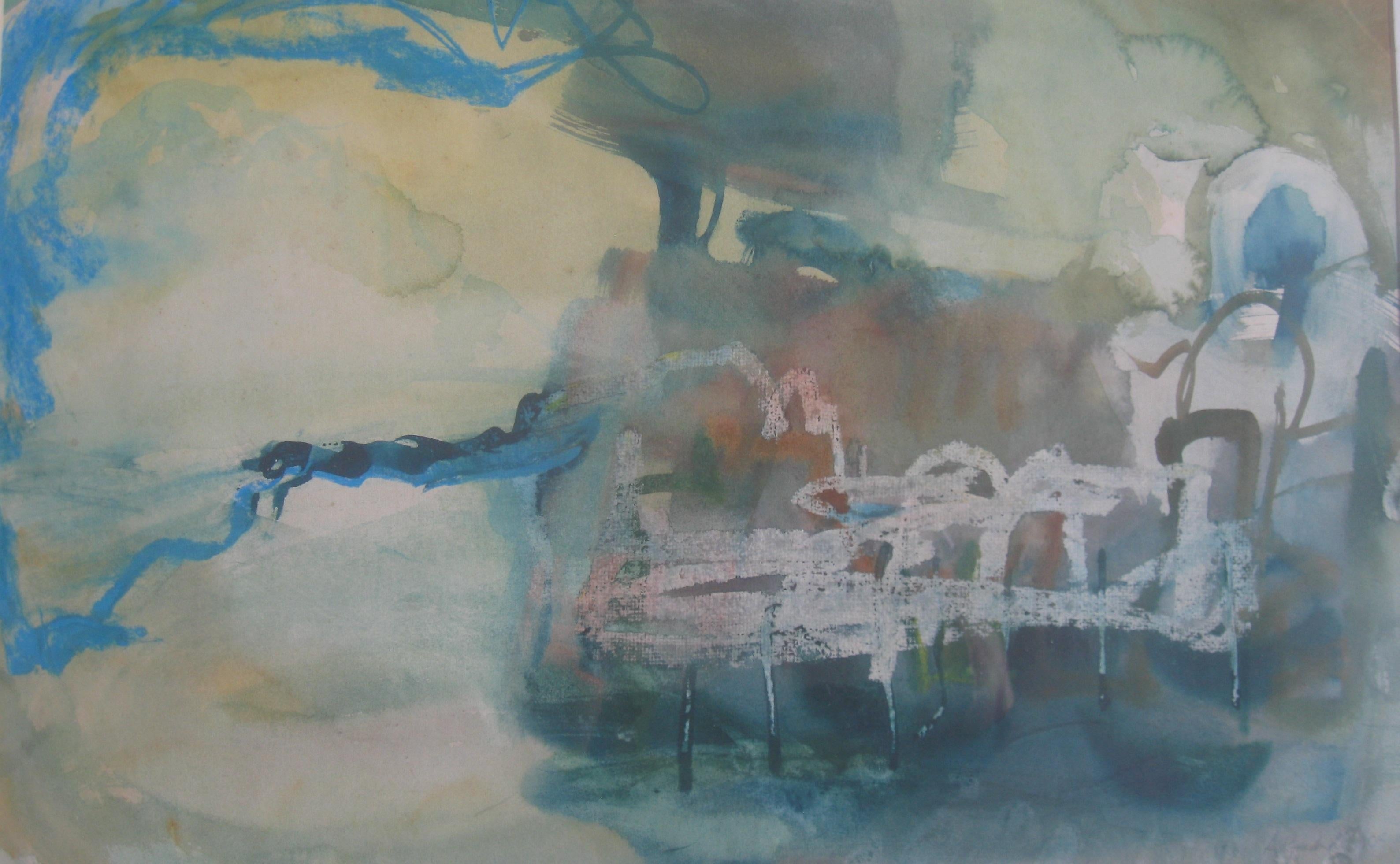 'Pontoons , Amalfi, Italy' Mixed media on paper. Circa 2005. - Painting by Andy Gradwell