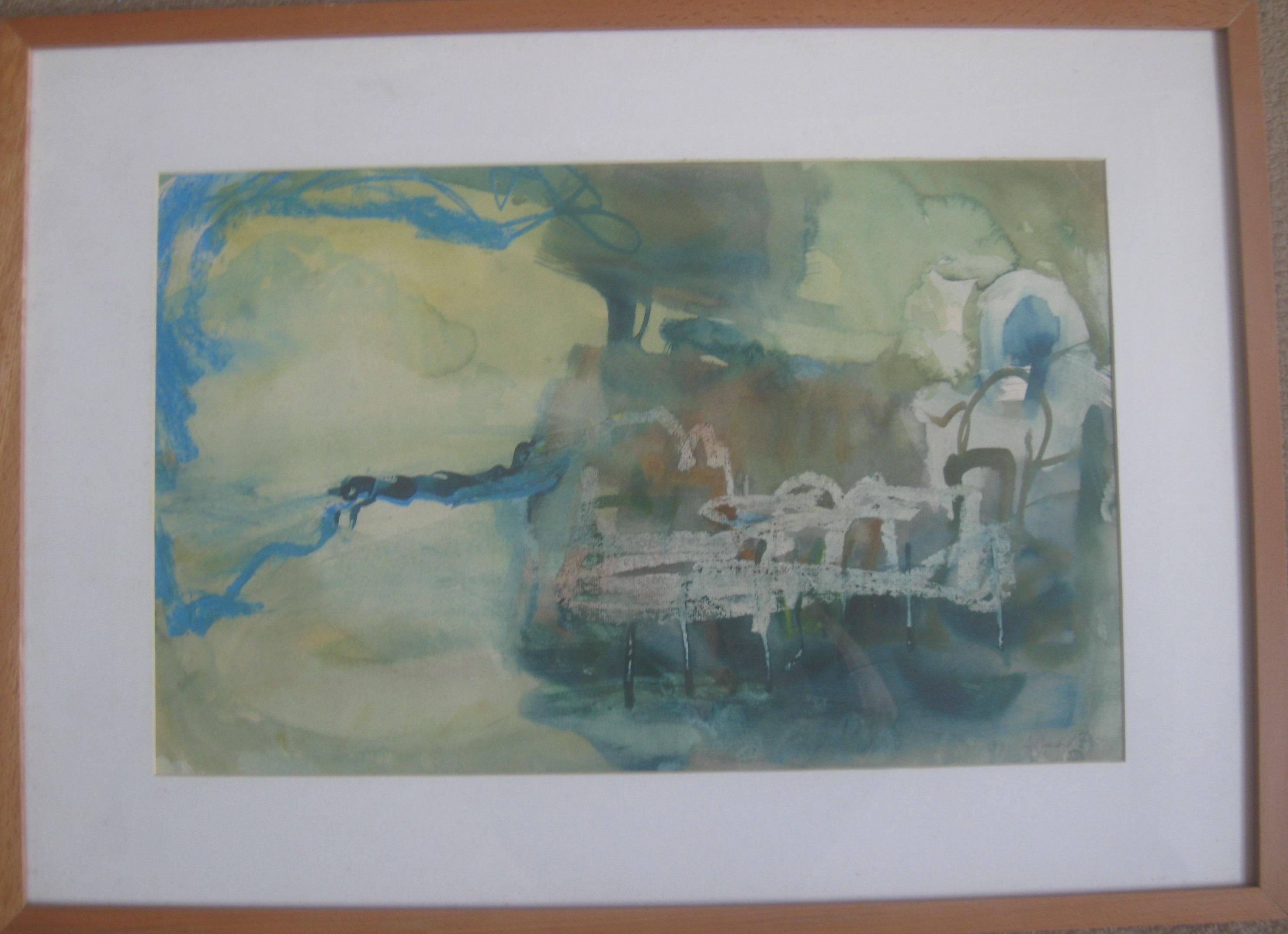 Andy Gradwell Landscape Painting - 'Pontoons , Amalfi, Italy' Mixed media on paper. Circa 2005.