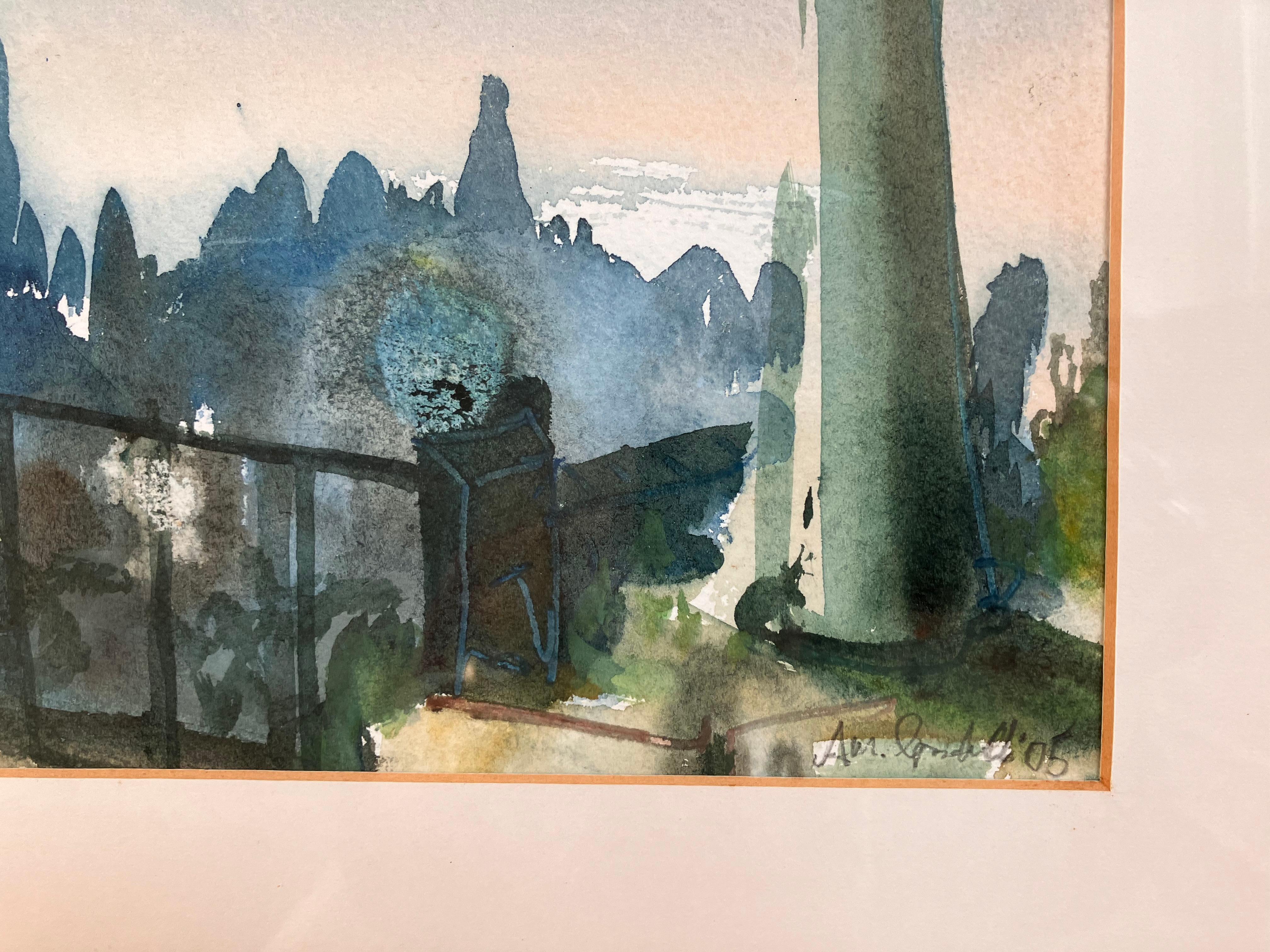'Ravello, Italy ',  Mixed Media Original painting circa 2005 signed - Beige Landscape Painting by Andy Gradwell