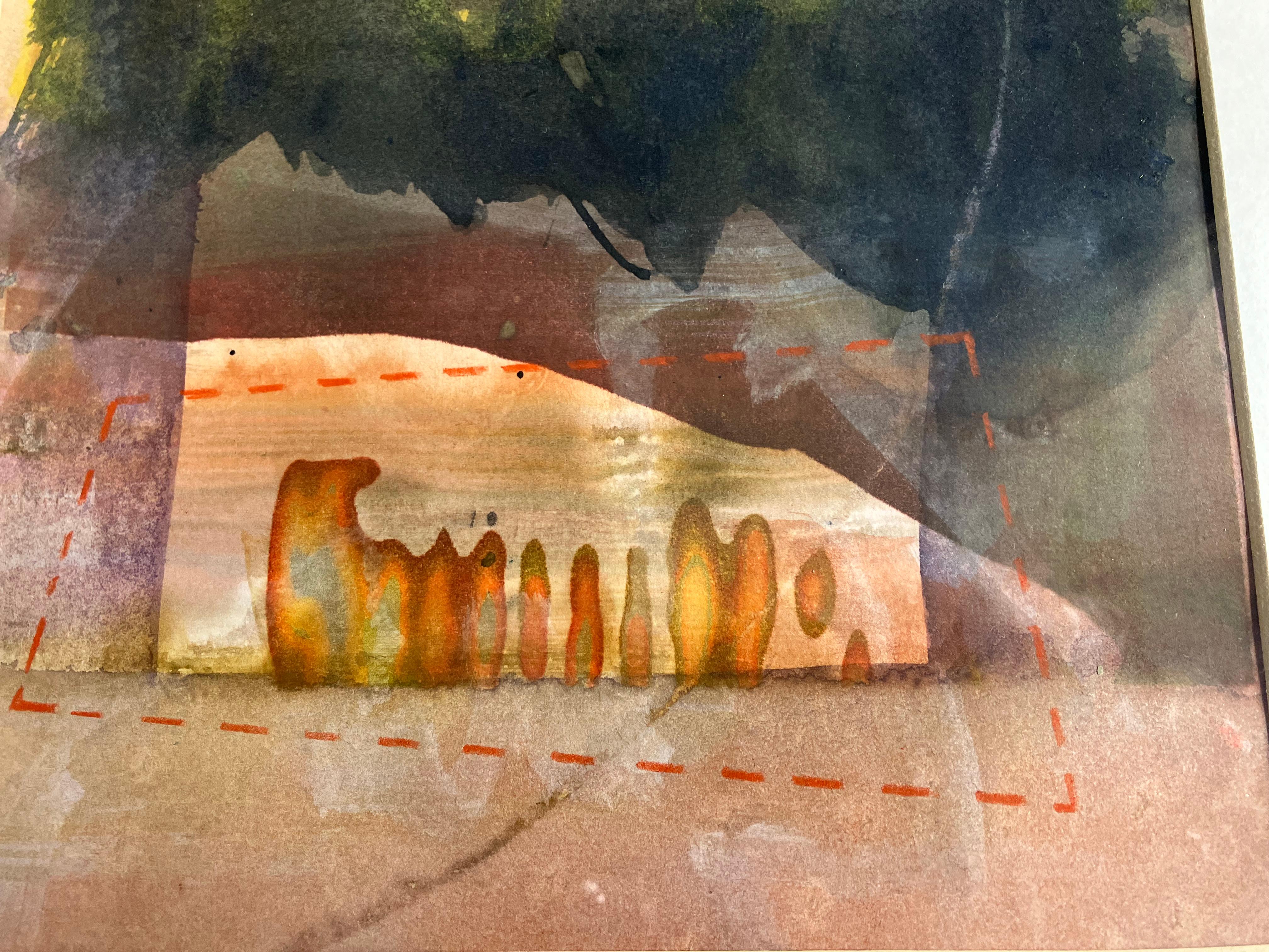 'Solstice, Stonehenge' circa 2012. Mixed media , signed piece.
Glazed oak wood frame 52cmx 42cm
painting 28cmx20cm.
Watercolour , pencil, felt pen , inkjet print and varnish. 
A take of Salisbury Plain on the walk To Stongehenge Monument during
