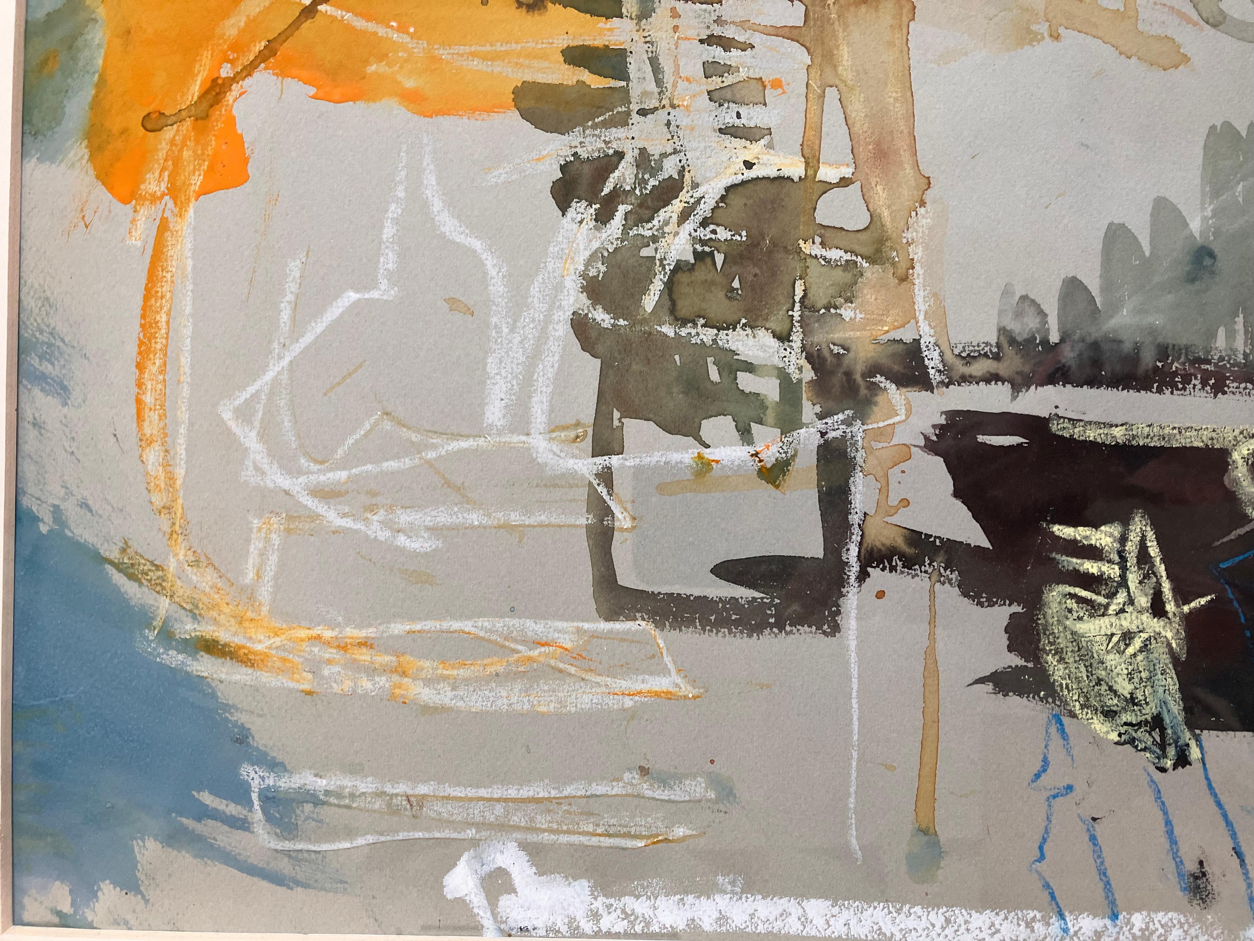 'Venice , an Approach', mixed media on paper circa 2003..
painting 35cm x 50cm. Signed lower middle
Antique glazed limewood frame and mounting 63cm x 82cm.
A work by Gradwell on toned paper in mixed media.
A semi abstract work based on experiences