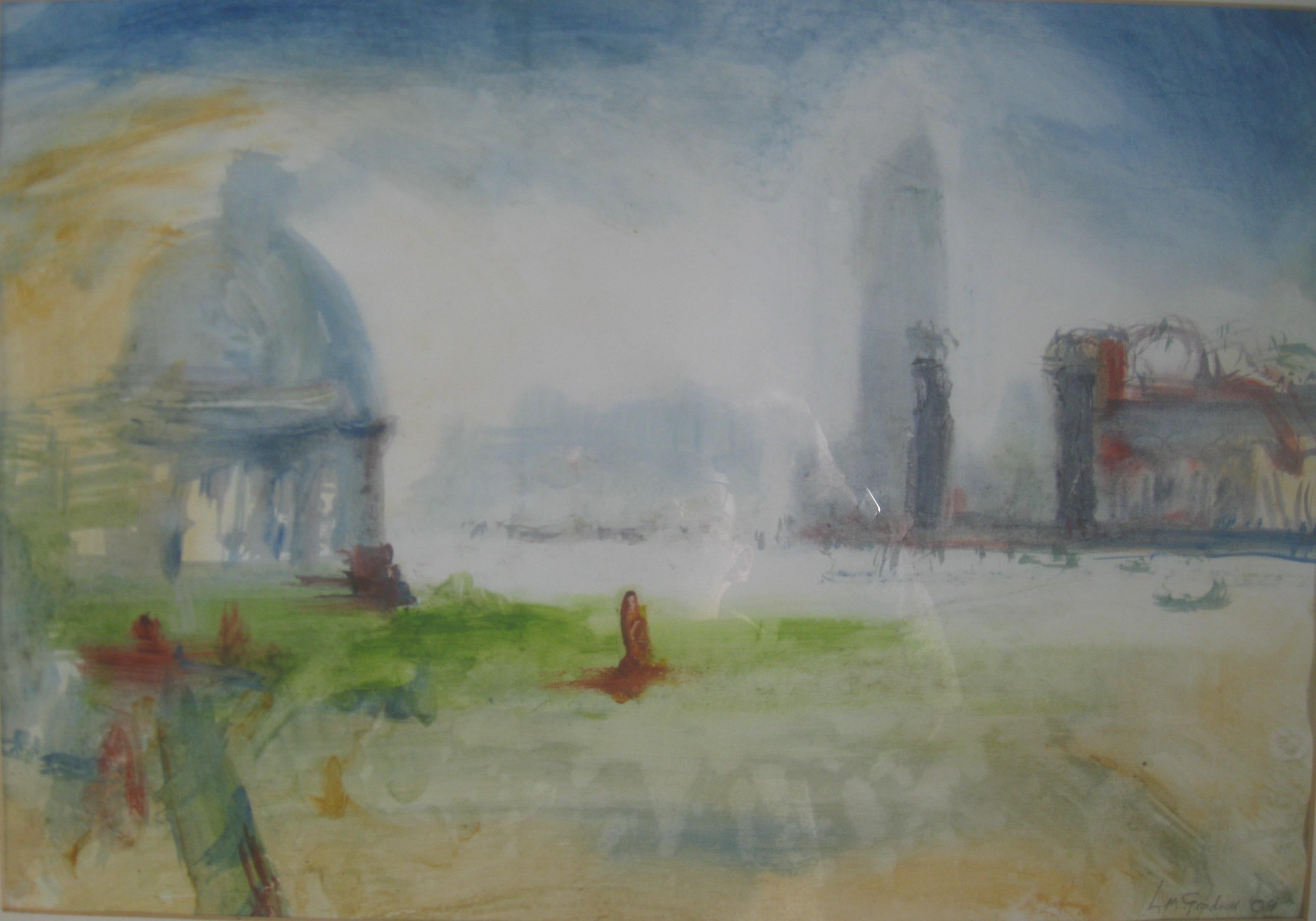 'Venice, Lagoon in morning Haze', mixed media on paper. Circa 2007. - Painting by Andy Gradwell