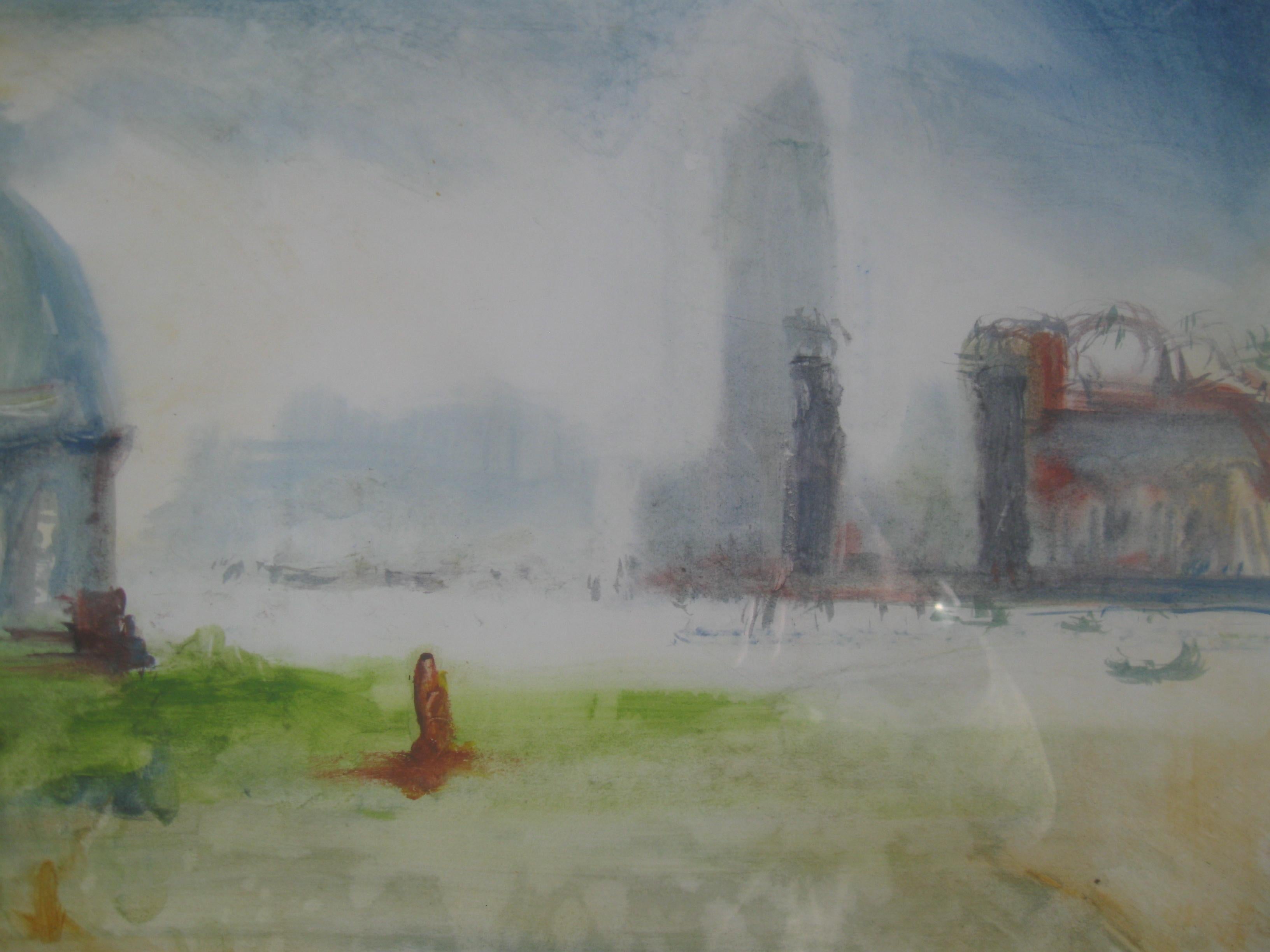 'Venice, Lagoon in morning Haze', mixed media on paper. Circa 2007. - Gray Landscape Painting by Andy Gradwell