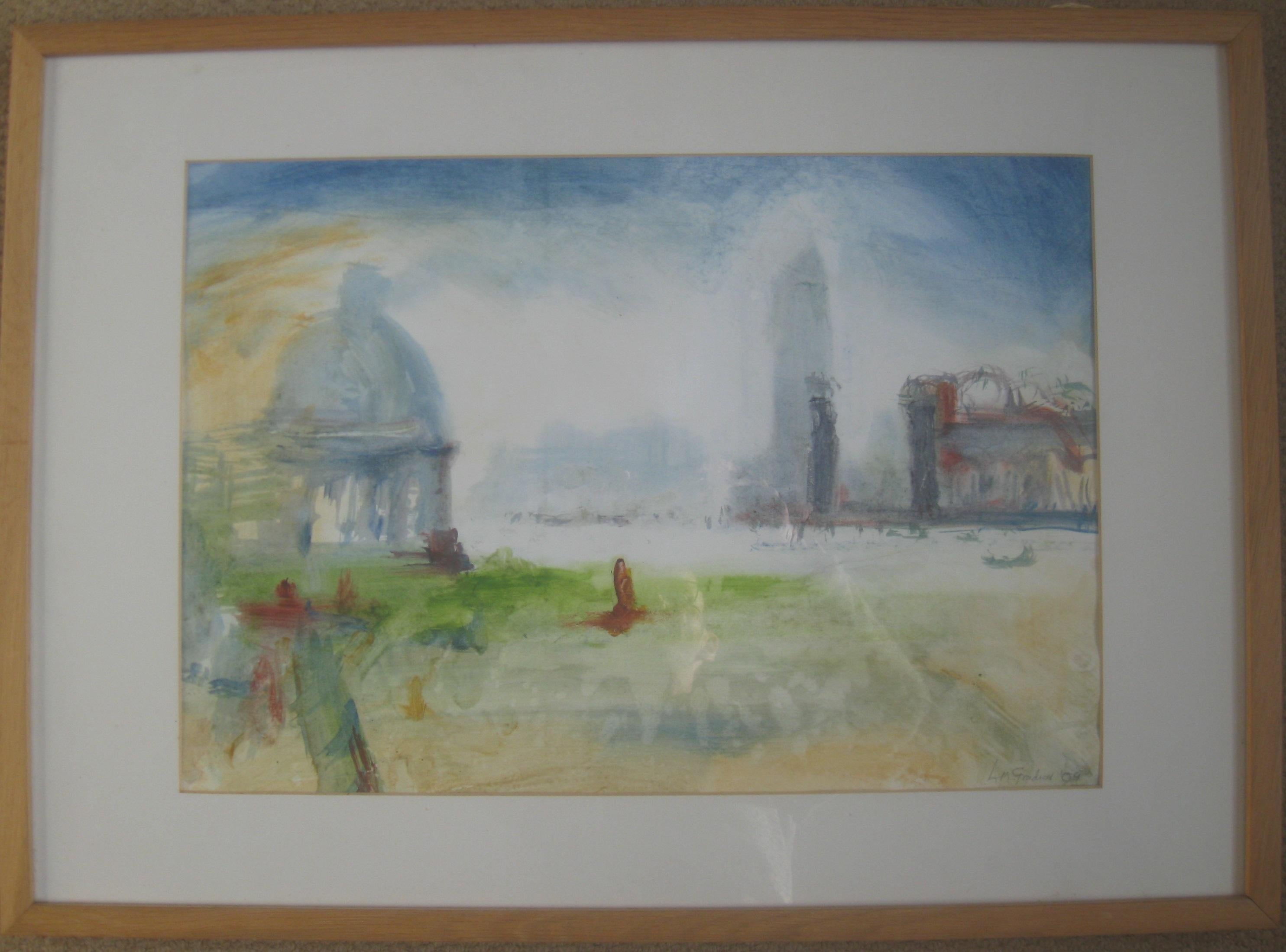Andy Gradwell Landscape Painting - 'Venice, Lagoon in morning Haze', mixed media on paper. Circa 2007.
