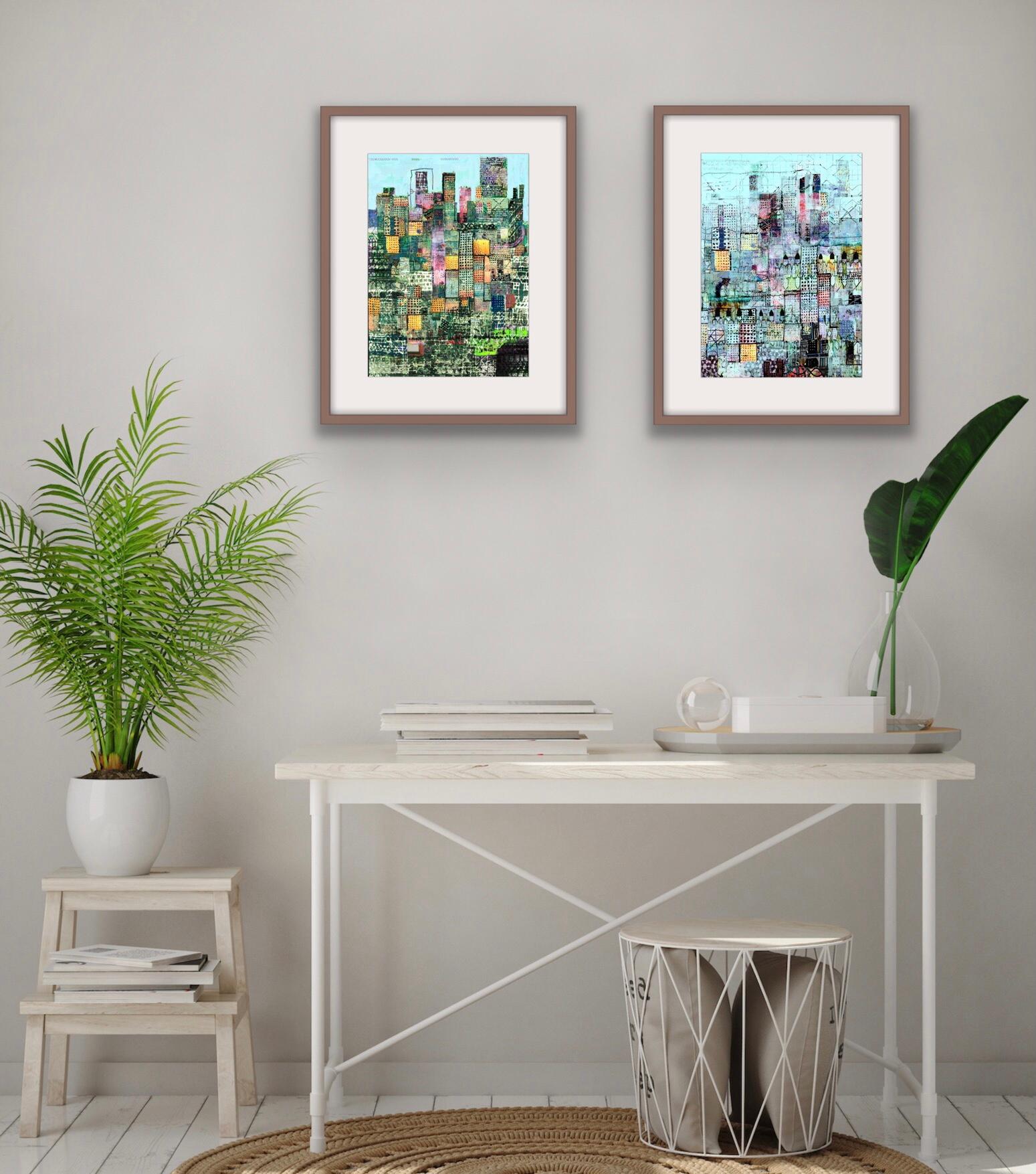 Blue Metropolis and Metropolis (Green) Diptych For Sale 1