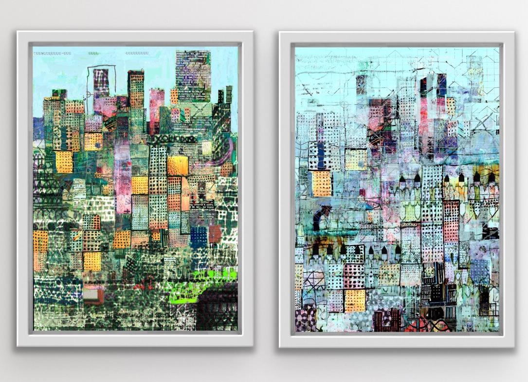 Andy Mercer Figurative Print - Blue Metropolis and Metropolis (Green) Diptych