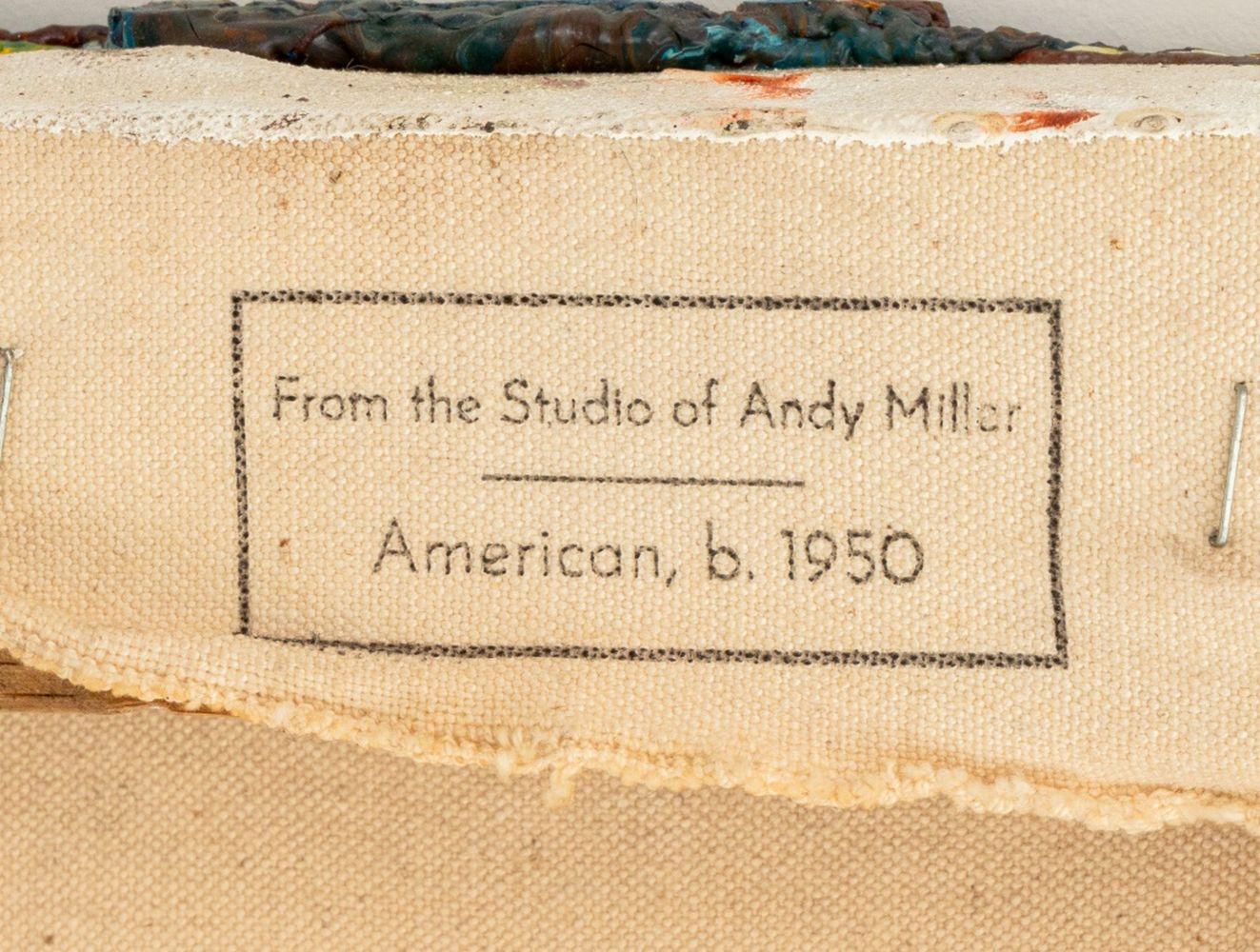 Andy Miller (Américain, né en 1950), Composition abstraite, Huile sur toile, détails d'empâtement, bleu vert et rouge orangé, avec le cachet de l'atelier de l'artiste au verso, apparemment non signé, non encadré. 65