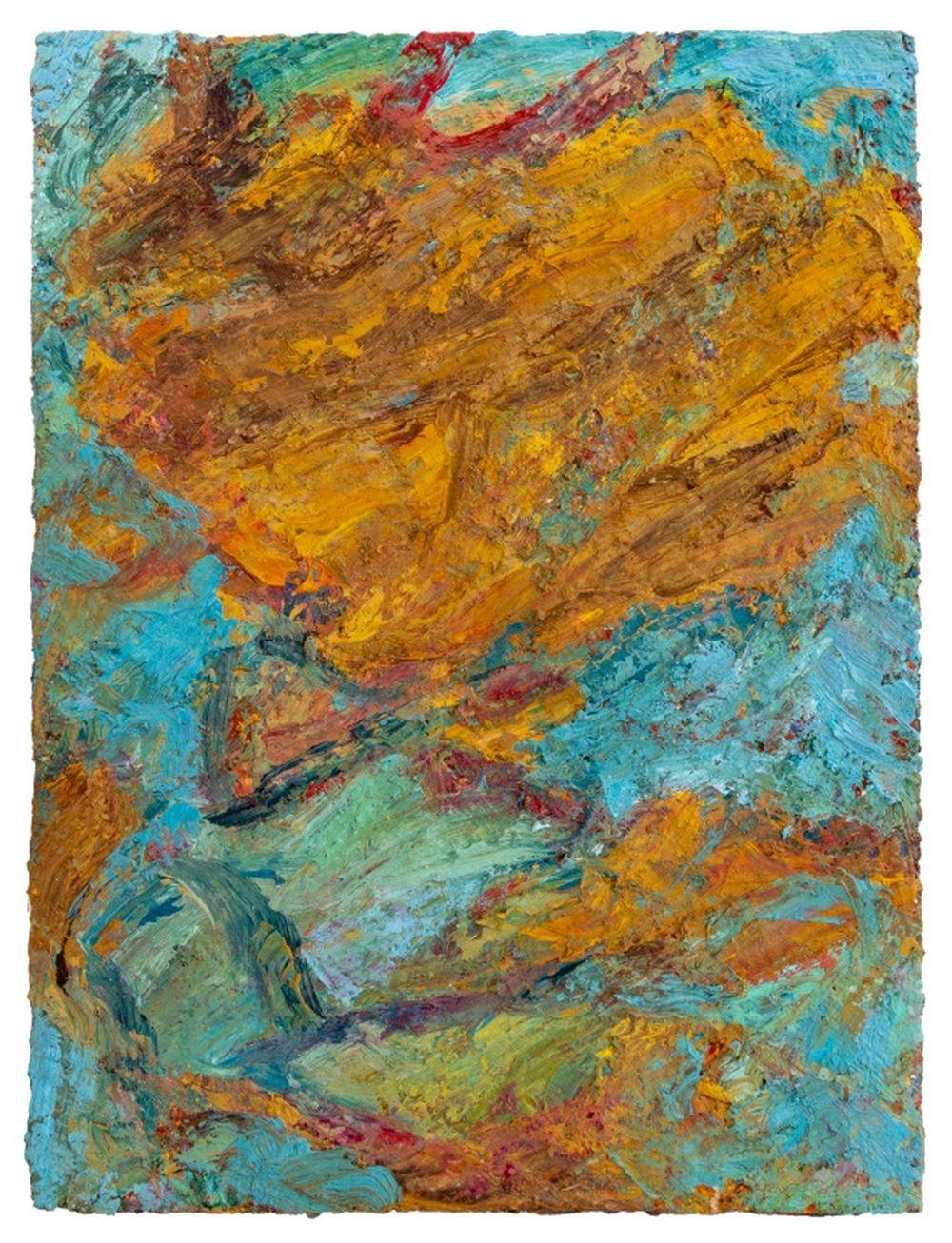 Andy Miller (Amerikaner, geb. 1950), Abstrakte Komposition, Öl auf Leinwand, pastose Details, türkisblau mit ockerfarbenen Partien, verso mit Atelierstempel des Künstlers, offenbar unsigniert, ungerahmt. 18,25