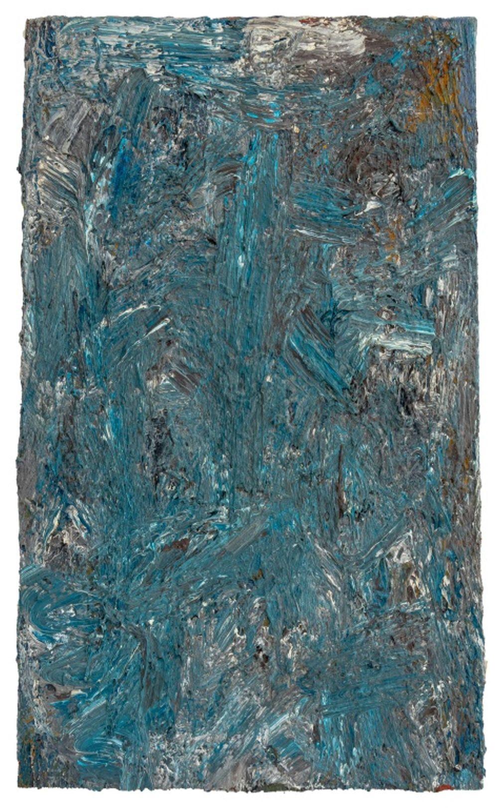 Andy Miller (estadounidense, n. 1950), Composición abstracta, Óleo sobre lienzo, detalles de empaste, en azules y grises, aparentemente sin firmar, sello del estudio del artista en el verso, sin enmarcar. 24