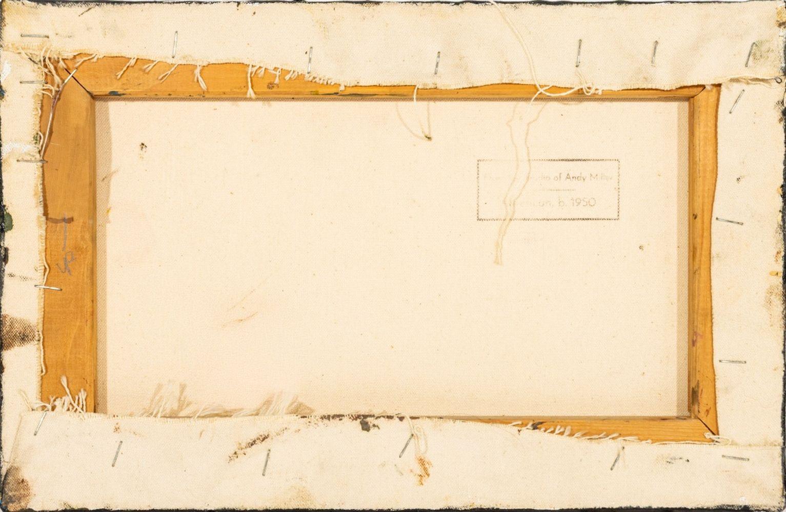 Andy Miller (estadounidense, n. 1950), Composición abstracta, Óleo sobre lienzo, detalles de empaste, verde frío con tonos ocres y rojos fríos, sin firmar, sello del estudio del artista en el reverso, sin enmarcar. 9,25