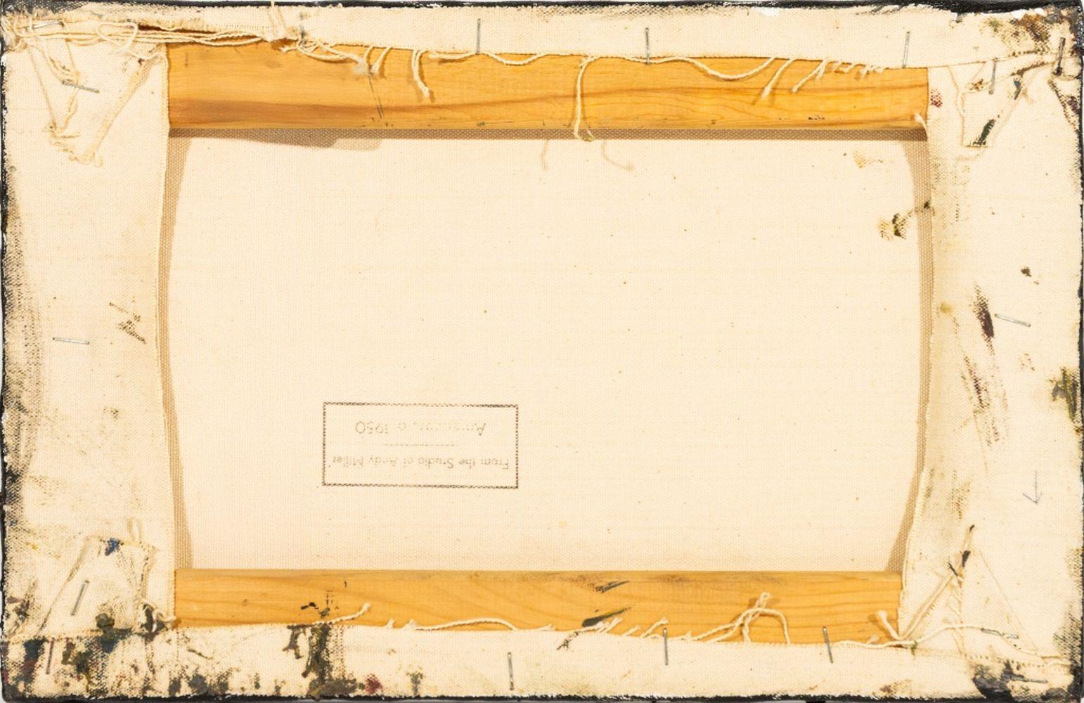 Andy Miller (Américain, né en 1950), Composition abstraite, Huile sur toile, détails d'empâtement, gris-vert avec des teintes rouges, non signée, cachet de l'atelier de l'artiste au verso, non encadrée. 9.25