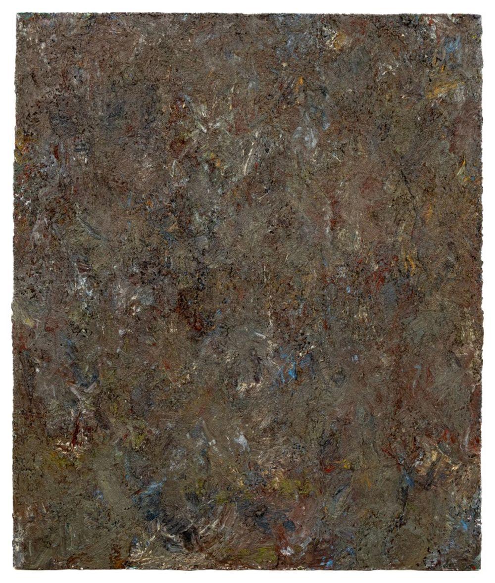 Andy Miller (EE.UU., n. 1950), Composición abstracta, Óleo sobre lienzo, detalles de empaste, gris-marrón con reflejos azules y amarillos, con sello del estudio del artista en el verso, aparentemente sin firmar, sin enmarcar. 62,25