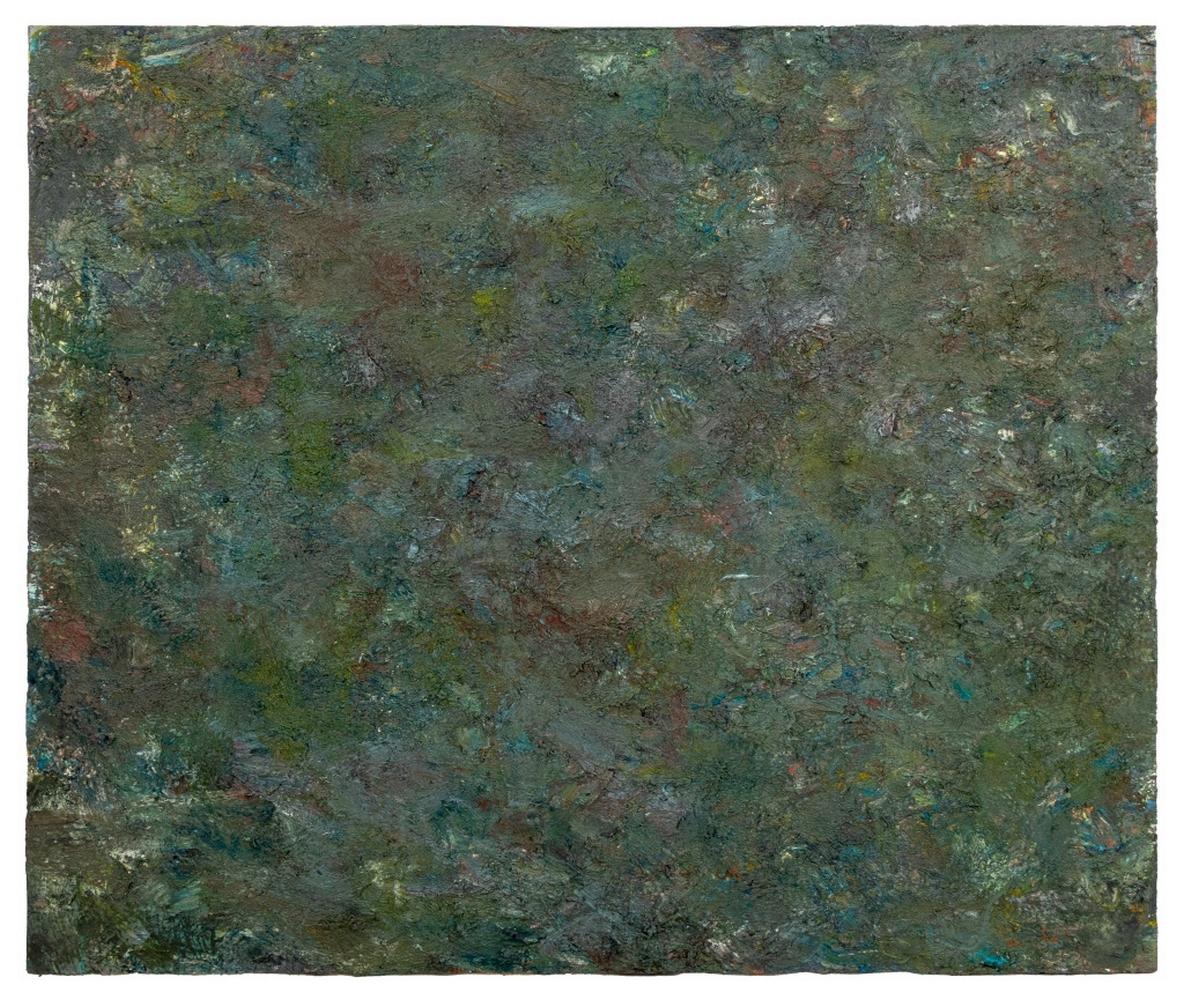 Andy Miller (Amerikaner, geb. 1950), Abstrakte Komposition, Öl auf Leinwand, 1983, pastose Details, warmes Grün mit ockerfarbenen Akzenten, verso datiert, verso mit Atelierstempel des Künstlers, offenbar unsigniert, ungerahmt. 52" H x 62" B.
