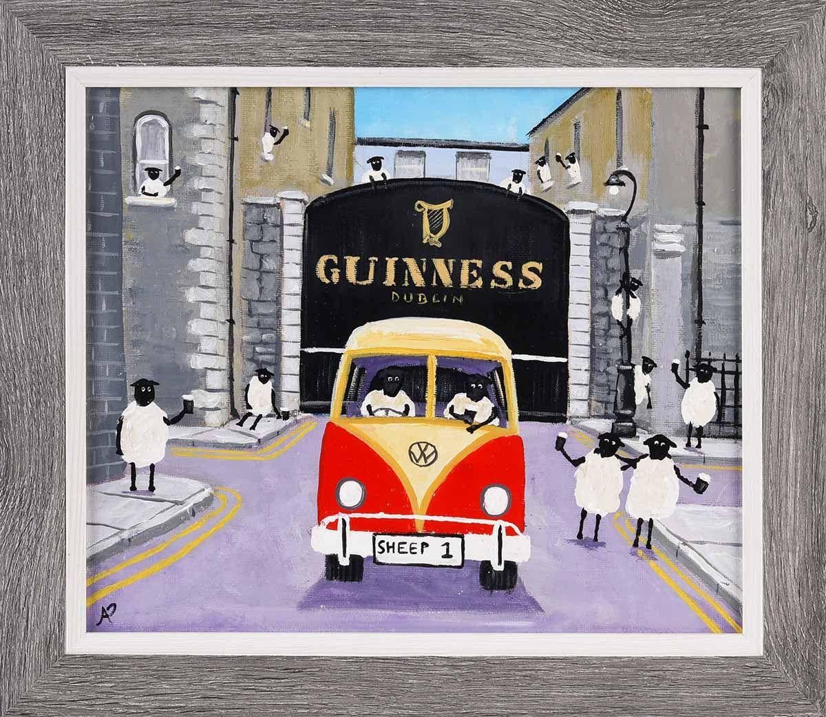 Sheep in a VW Split Screen Camper Van at the Guinness factory in Ireland - Contemporary Painting by Andy Pat