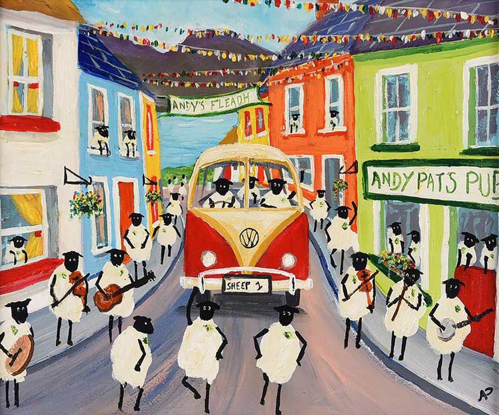 Sheep in a VW Split Screen Camper Van celebrating St Patricks Day in Ireland - Painting by Andy Pat