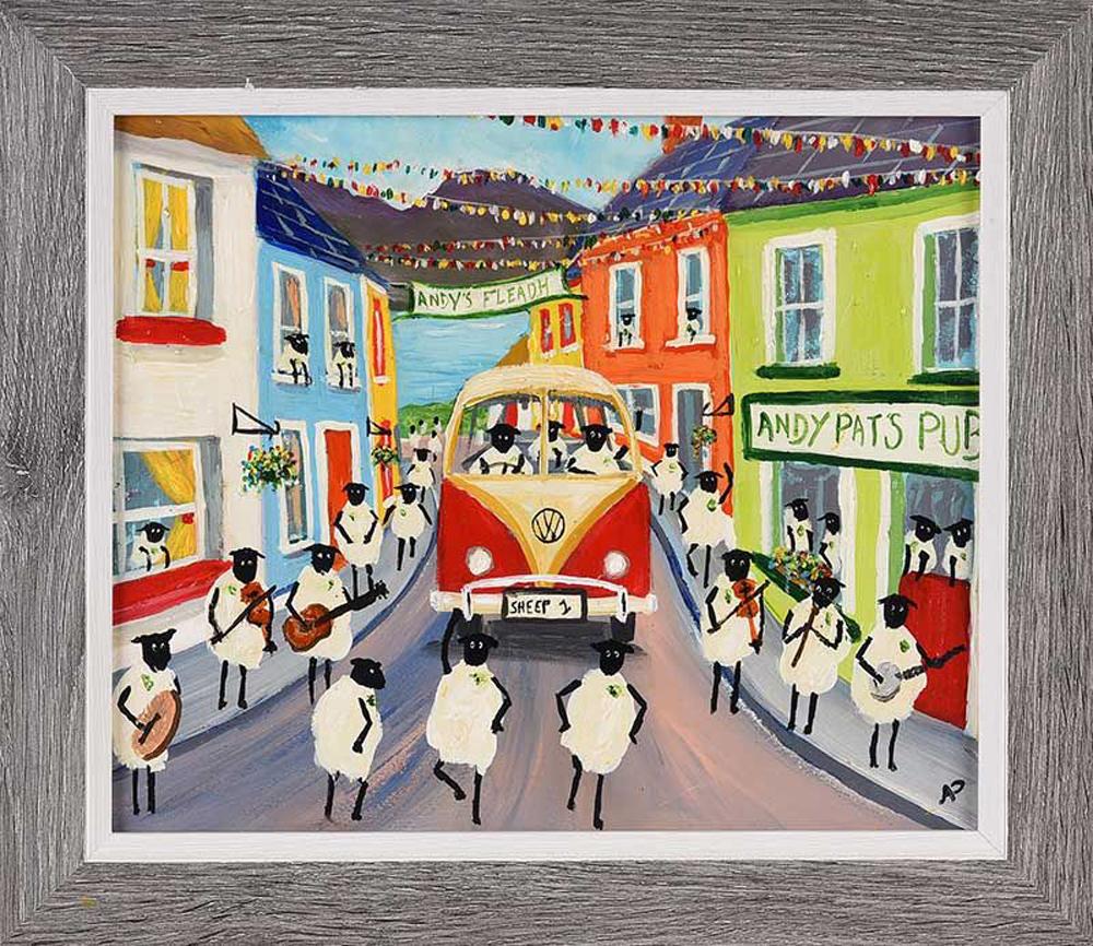 Andy Pat Animal Painting - Sheep in a VW Split Screen Camper Van celebrating St Patricks Day in Ireland