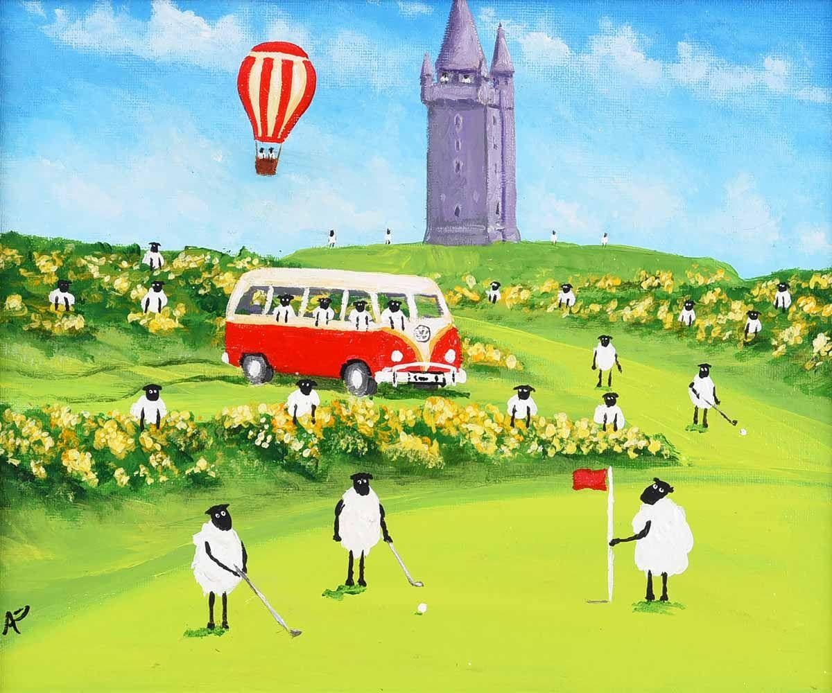 Sheep in a VW Split Screen Camper Van enjoying a round of golf in Ireland - Painting by Andy Pat