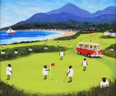 Sheep in a VW Split Screen Camper Van enjoying a round of golf in Ireland