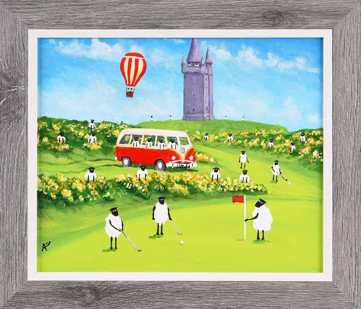 Andy Pat Landscape Painting - Sheep in a VW Split Screen Camper Van enjoying a round of golf in Ireland