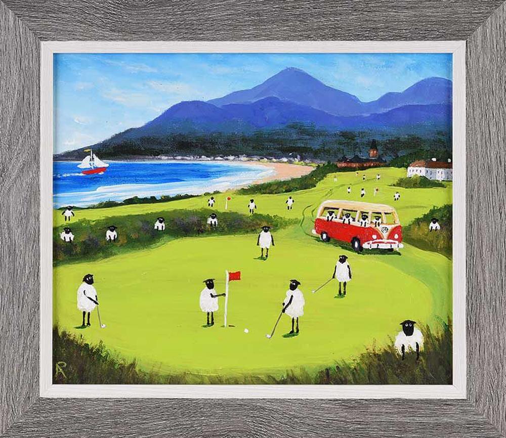 Andy Pat Landscape Painting - Sheep in a VW Split Screen Camper Van enjoying a round of golf in Ireland