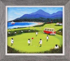 Retro Sheep in a VW Split Screen Camper Van enjoying a round of golf in Ireland