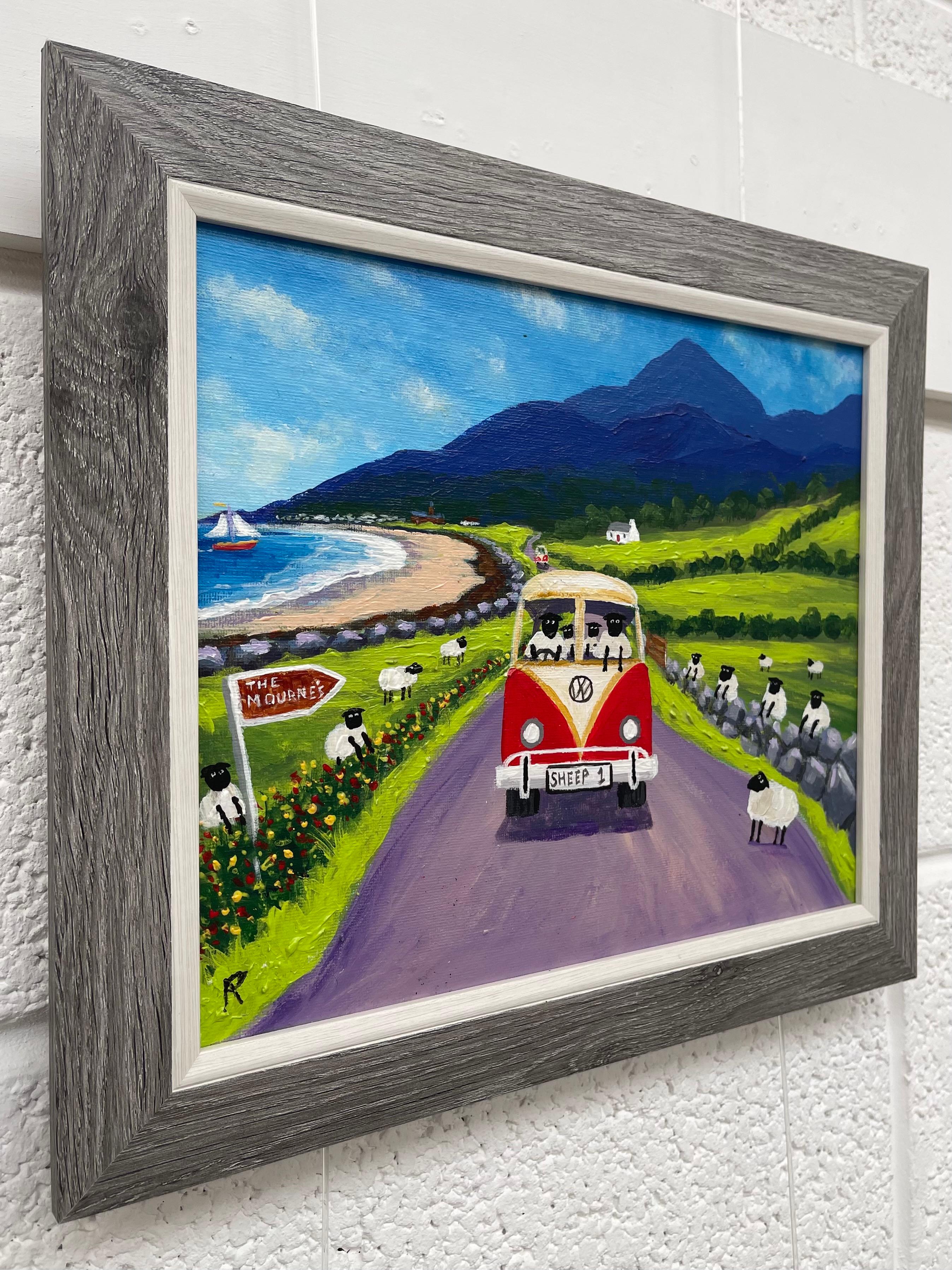 Sheep in a VW Split Screen Camper Van with Beach Mountain Scene in Ireland - Painting by Andy Pat
