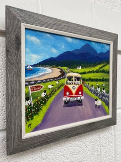 Sheep in a VW Split Screen Camper Van with Beach Mountain Scene in Ireland