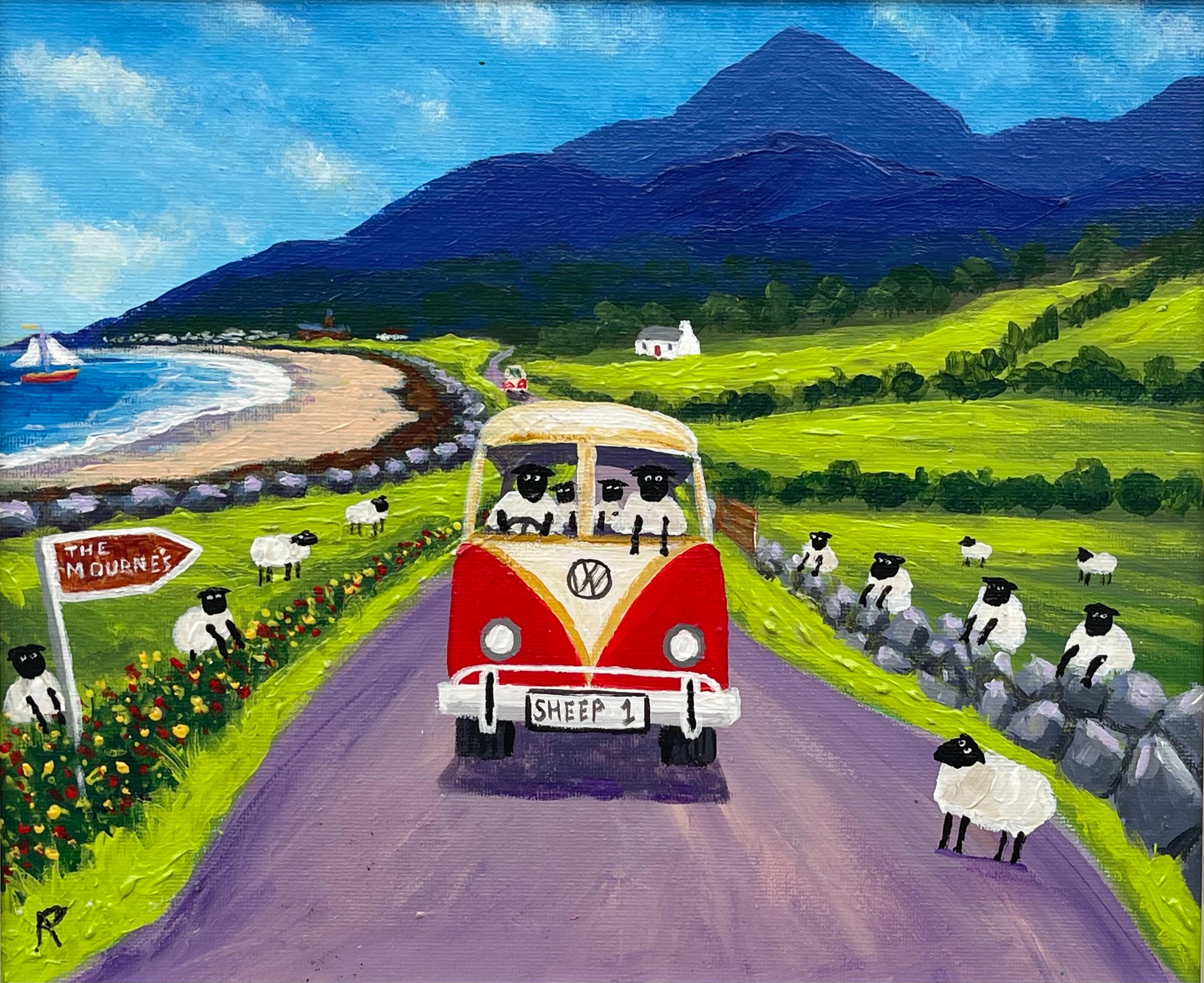 Sheep in a VW Split Screen Camper Van with Beach Mountain Scene in Ireland - Contemporary Painting by Andy Pat