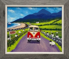 Sheep in a VW Split Screen Camper Van with Beach Mountain Scene in Ireland