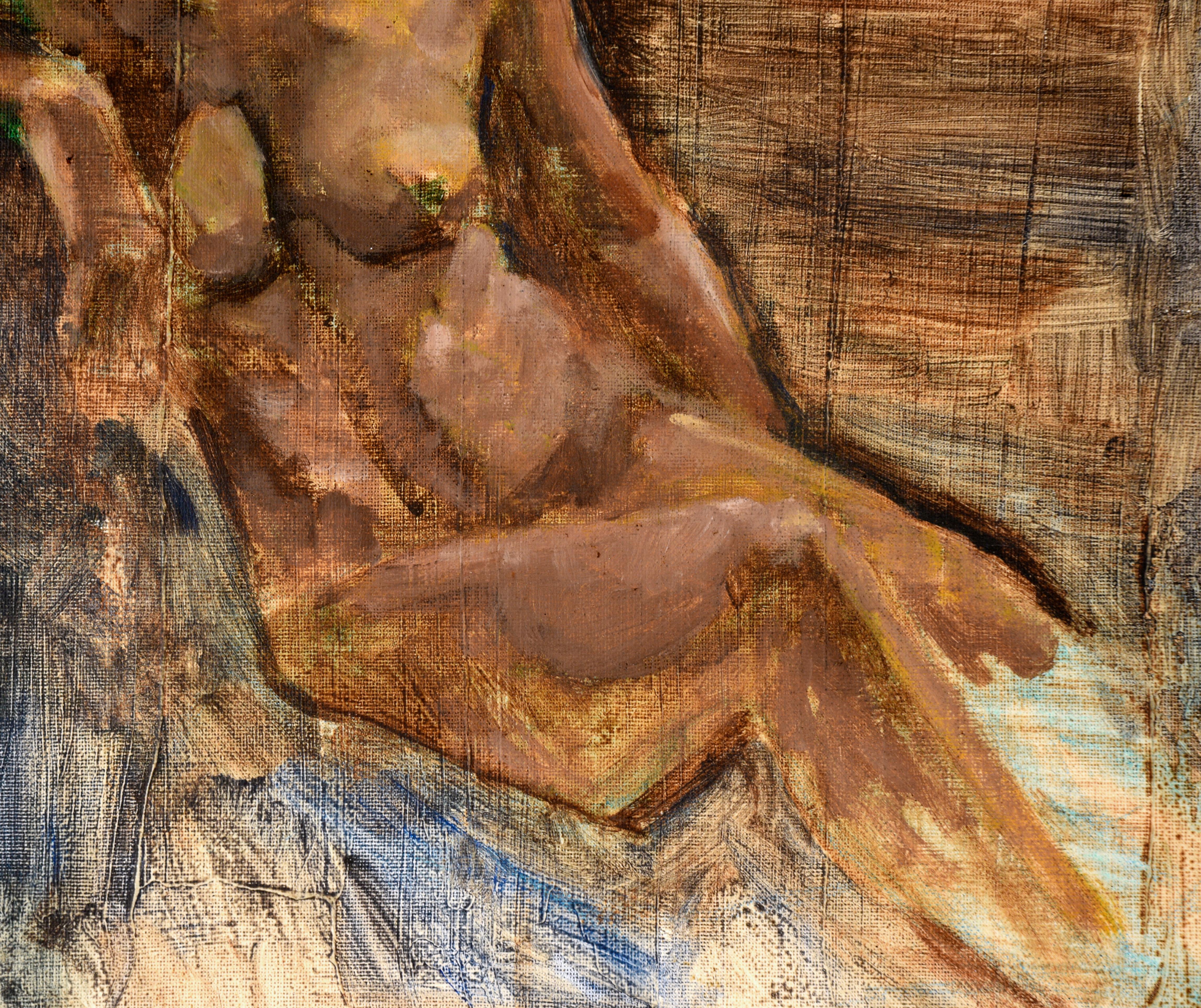 Étude de nu par Andy Smith (américain, 20e siècle). Une femme est assise, légèrement penchée vers la gauche de la composition. Le fond passe d'un rouge rouille à un bleu foncé, changeant de couleur derrière la figure. Certains de ses traits sont