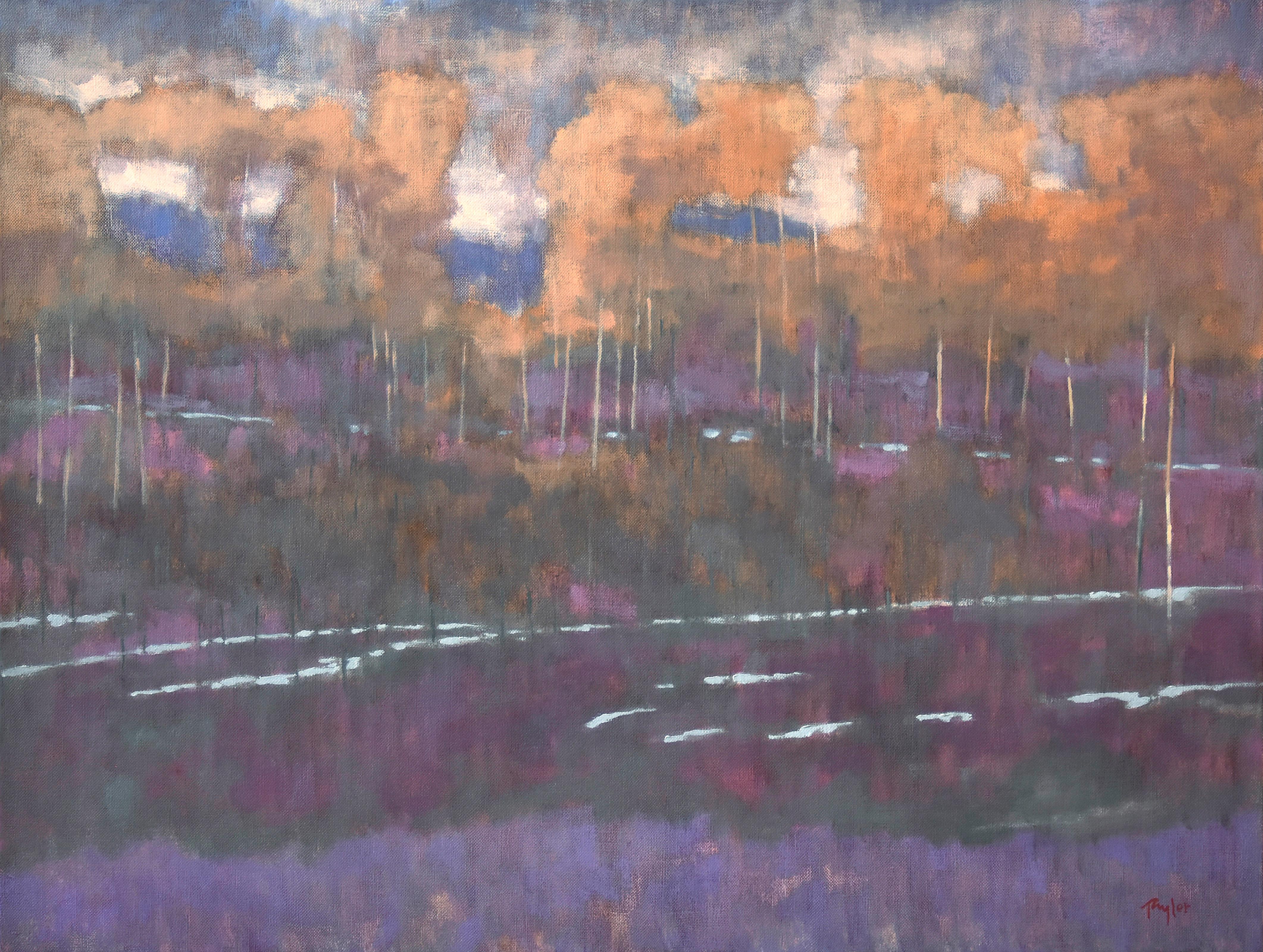 Andy Taylor Landscape Painting - Abril (lavender fauna, golden Aspen trees, moody sky, hillside)