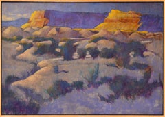 Blue Shale (desert landscape, mesas, grasses, luminous, gold, purple, green)