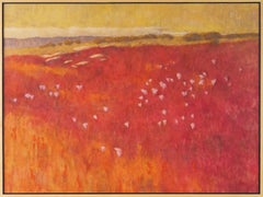 Dune Evening (landscape, orange/red fields, soft pink flowers)